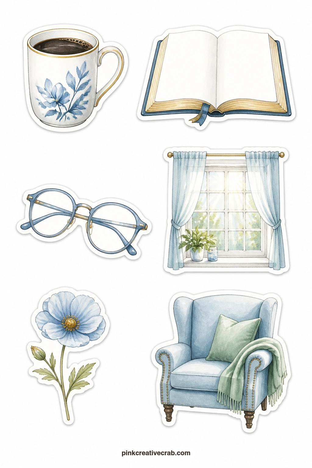 Quiet Time Stickers printable page — Six cosy pieces sit on this sheet: a cup of coffee, an open Bible with blank pages, a pair of glasses, a window, a single