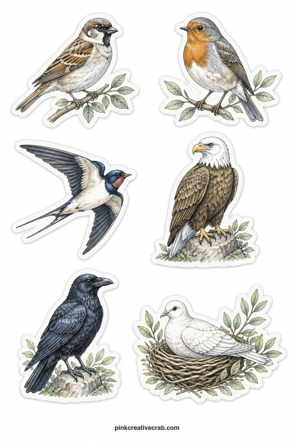 Birds Of The Air Stickers printable page — Six small birds finish the set: a sparrow, a robin, a swallow, an eagle, a raven and a dove resting in a nest, a