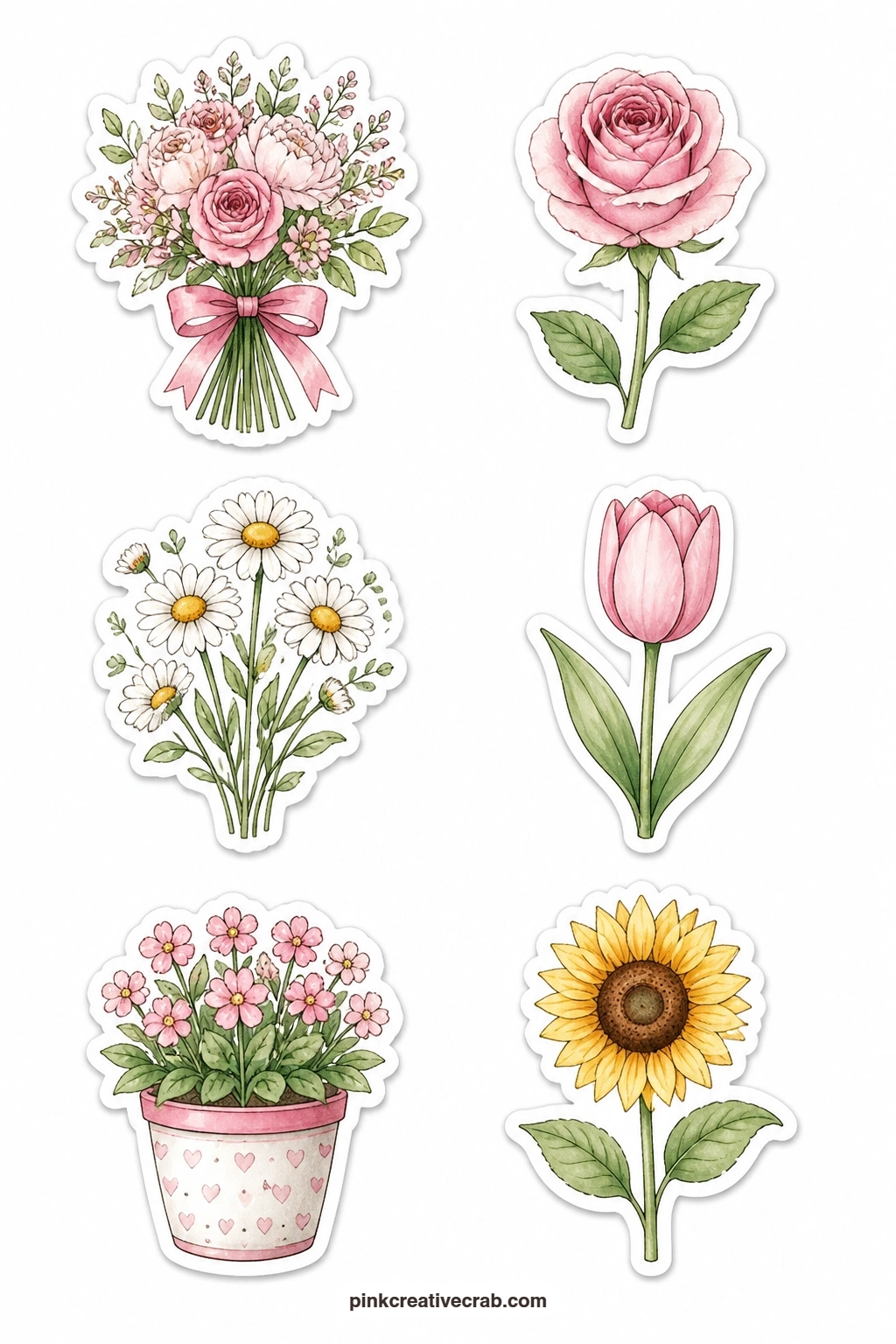 Thank You Flower Stickers printable page — Pin this sheet above your card making supplies and you will always have a bouquet tied with a bow, a single rose, a