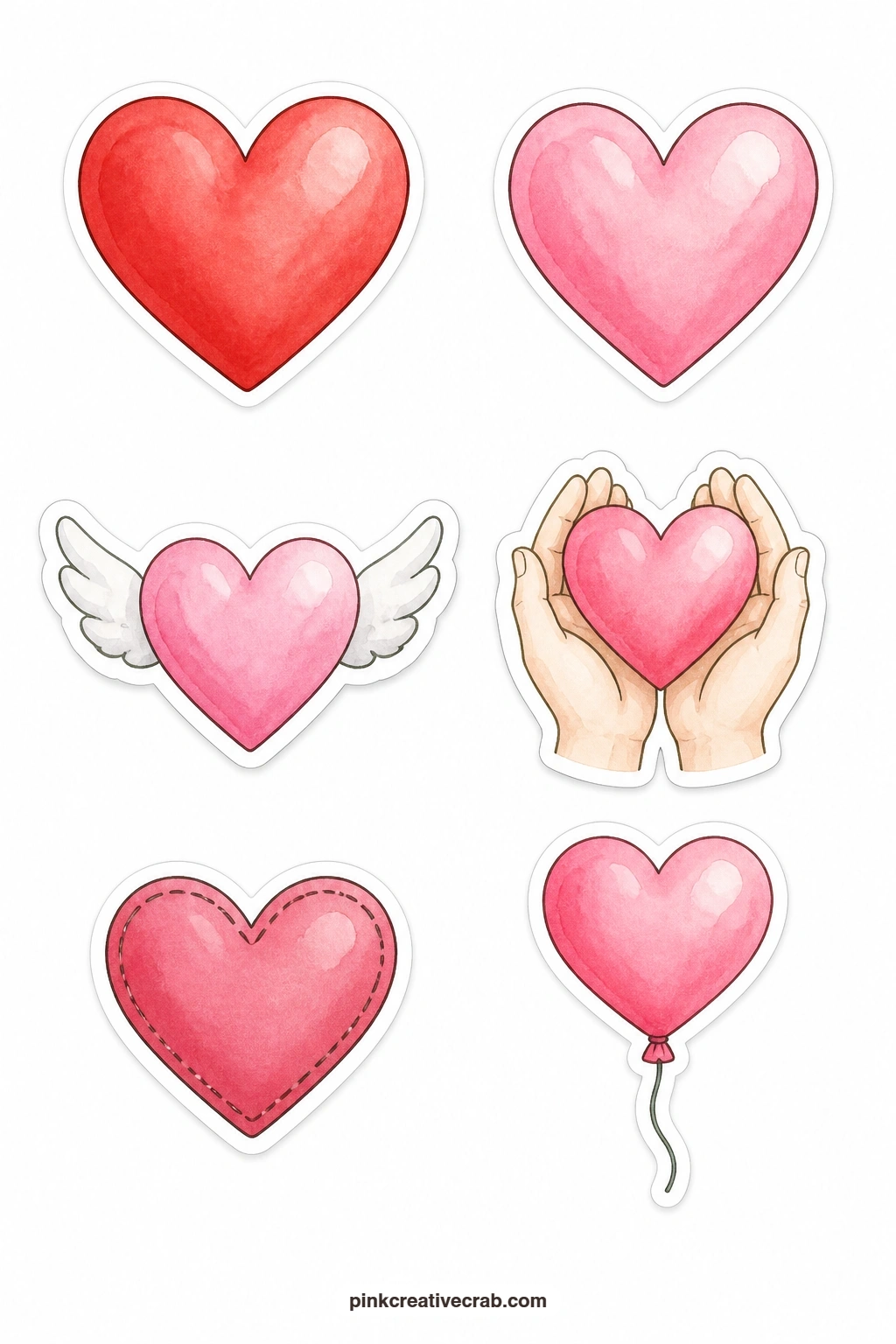 Little Heart Stickers printable page — A red heart, a pink heart, a heart with wings, a heart in hands, a stitched heart and a heart balloon give you six ways