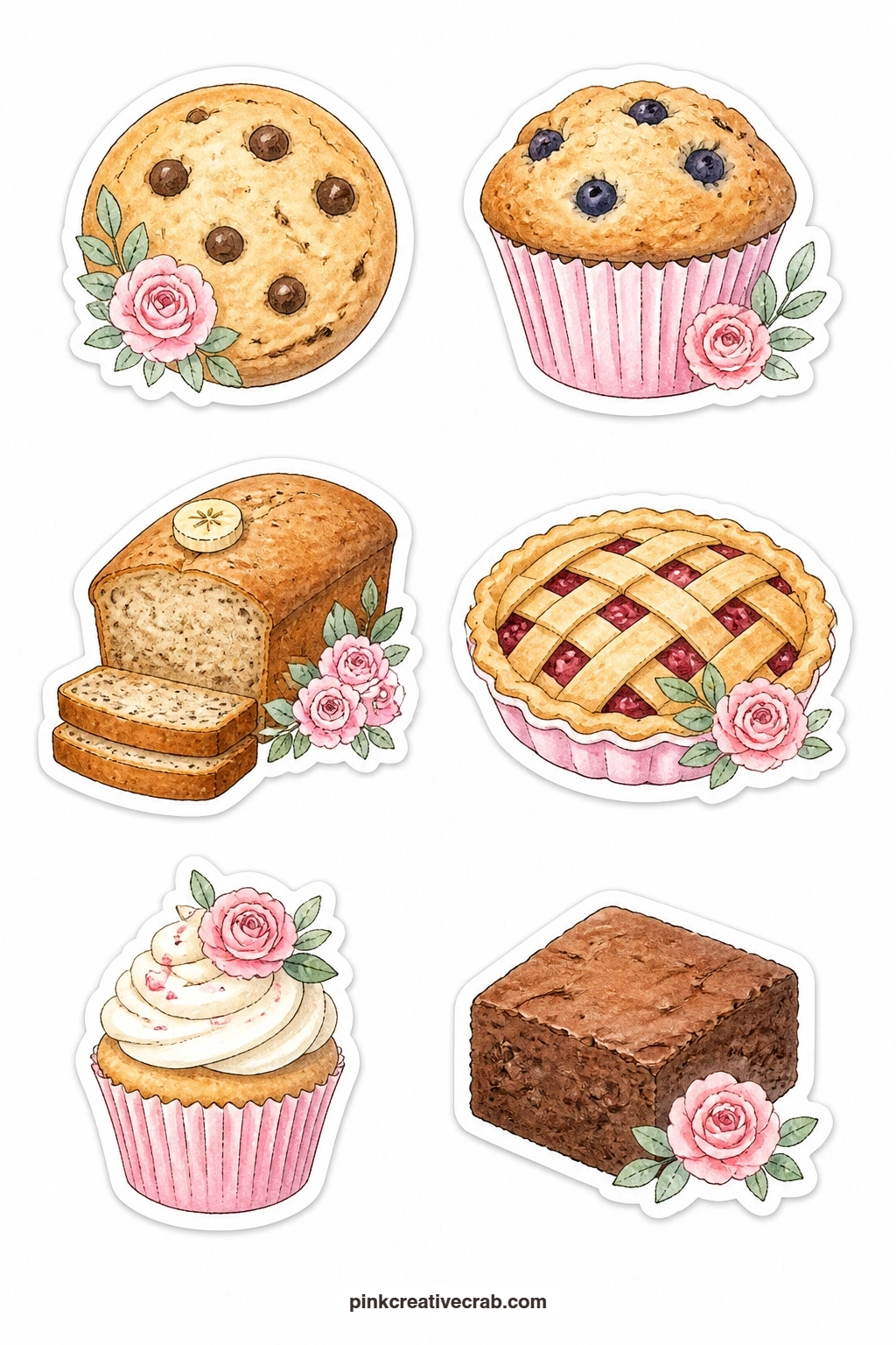 Baked Thank You Stickers printable page — A cookie, a muffin, a loaf of banana bread, a pie, a cupcake and a brownie turn any card into a sweet little note for