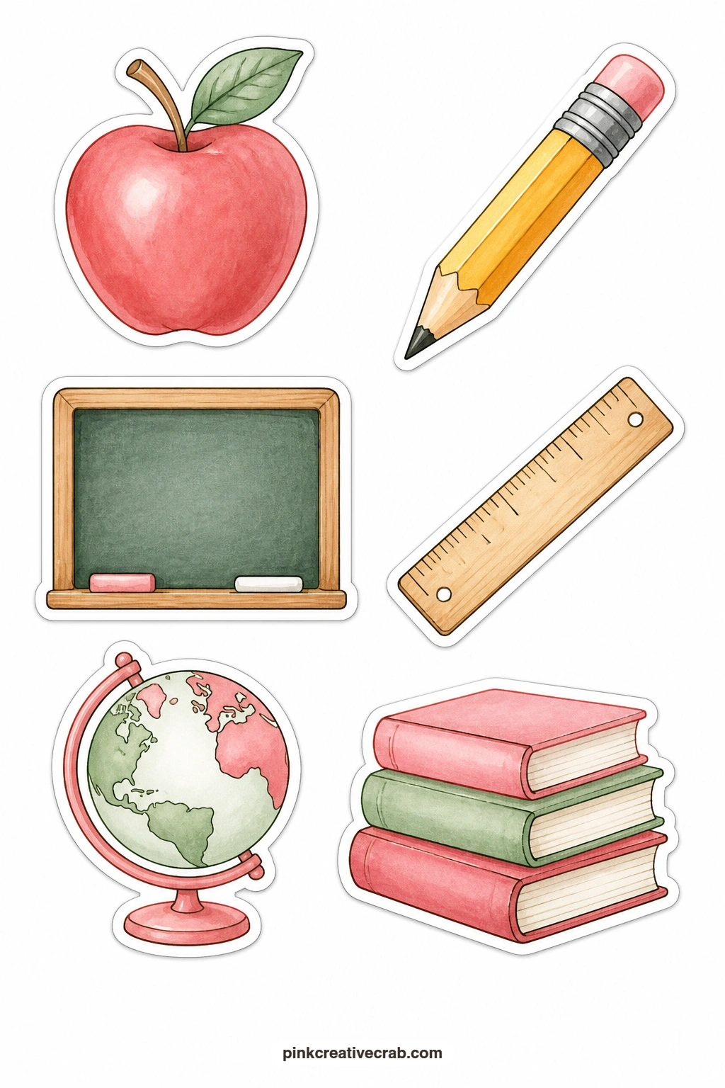 Teacher Thank You Stickers printable page — Save this sheet for the end of term card, since an apple, a pencil, a plain chalkboard, a ruler, a globe and a book