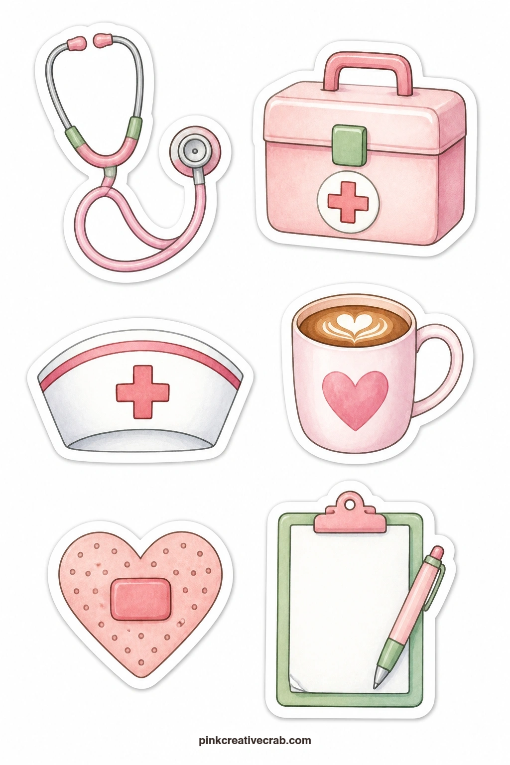 Nurse and Helper Stickers printable page — A stethoscope, a first aid kit, a nurse cap, a coffee cup, a heart plaster and a clipboard make a thoughtful set for