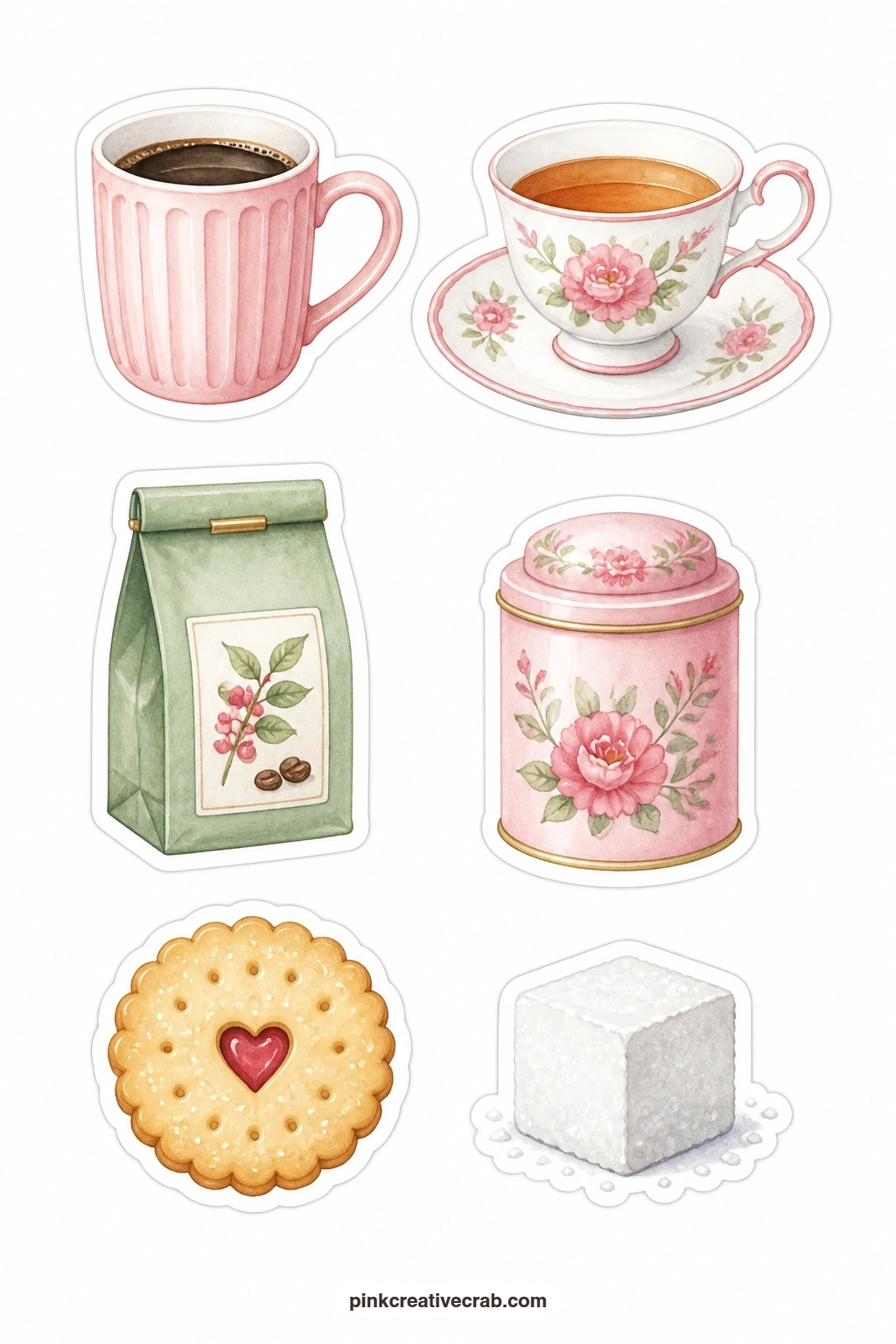 Tea and Coffee Thank You Stickers printable page — A mug, a teacup, a coffee bag, a tea tin, a biscuit and a sugar cube suit a quiet thank you note for a
