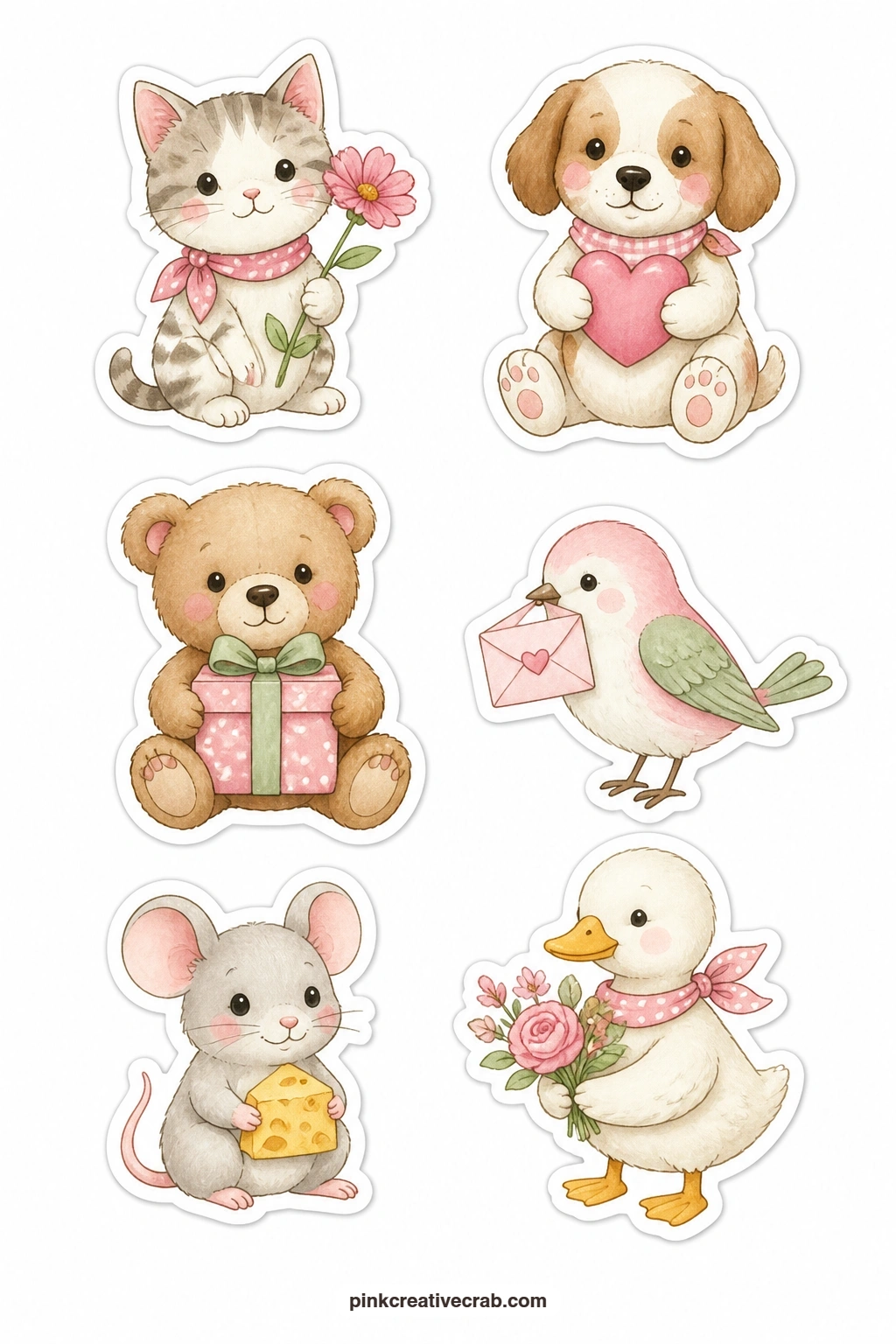 Sweet Animal Thank You Stickers printable page — A cat with a flower, a dog with a heart, a bear with a gift, a bird with a letter, a mouse with cheese and a