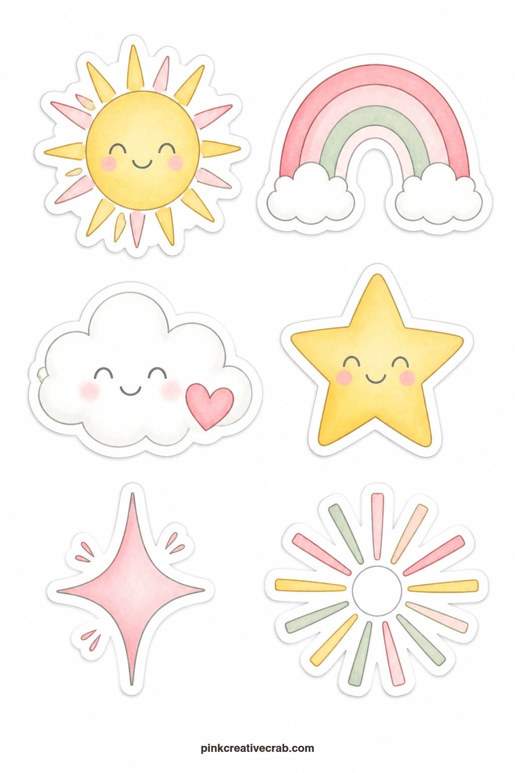 Sunshine Thank You Stickers printable page — A sun, a rainbow, a cloud with a heart, a star, a sparkle and a sunbeam lift a plain thank you note into something