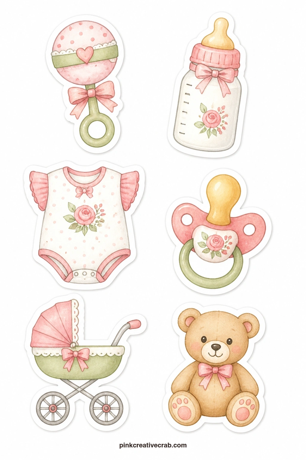 Baby Shower Thank You Stickers printable page — A rattle, a bottle, a onesie, a pacifier, a stroller and a teddy cover the thank you notes that follow a baby