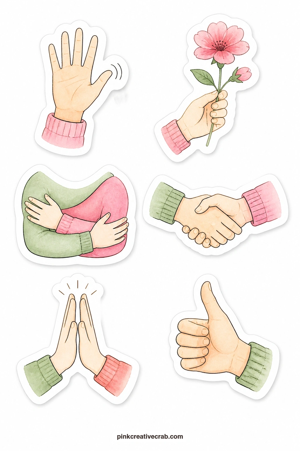 Hands and Hugs Stickers printable page — A waving hand, a hand with a flower, a hug, a handshake, a high five and a thumbs up stand in for a gesture when the