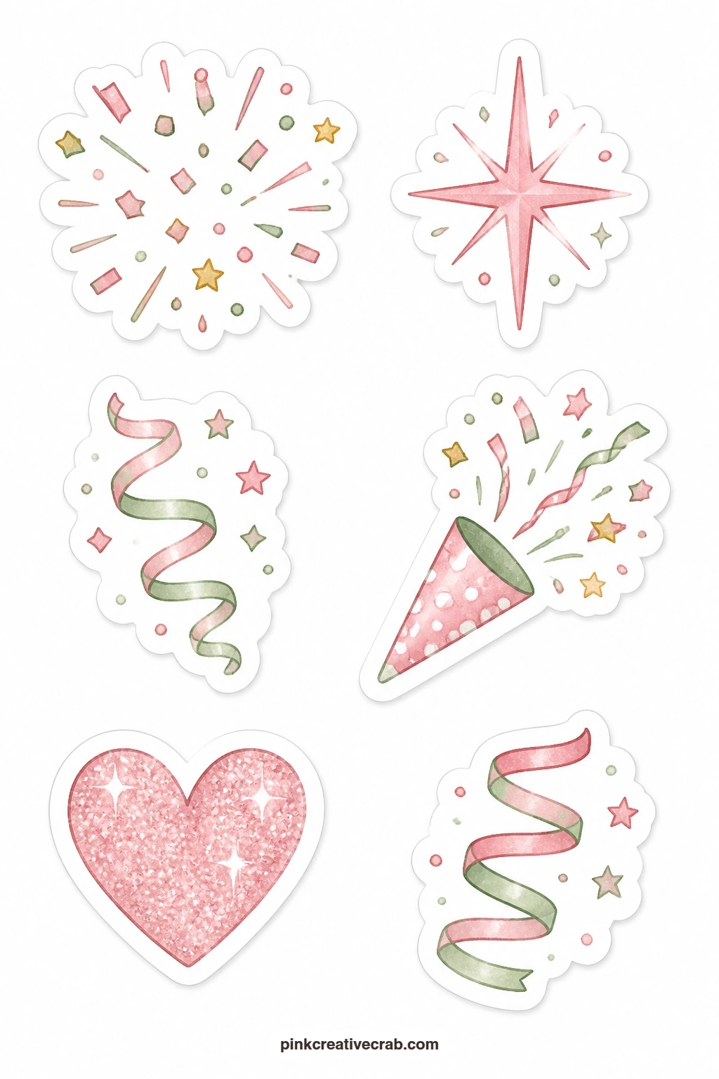 Confetti and Sparkle Stickers printable page — Finish any card in the set with this sheet last, since a confetti burst, a sparkle star, a streamer, a party