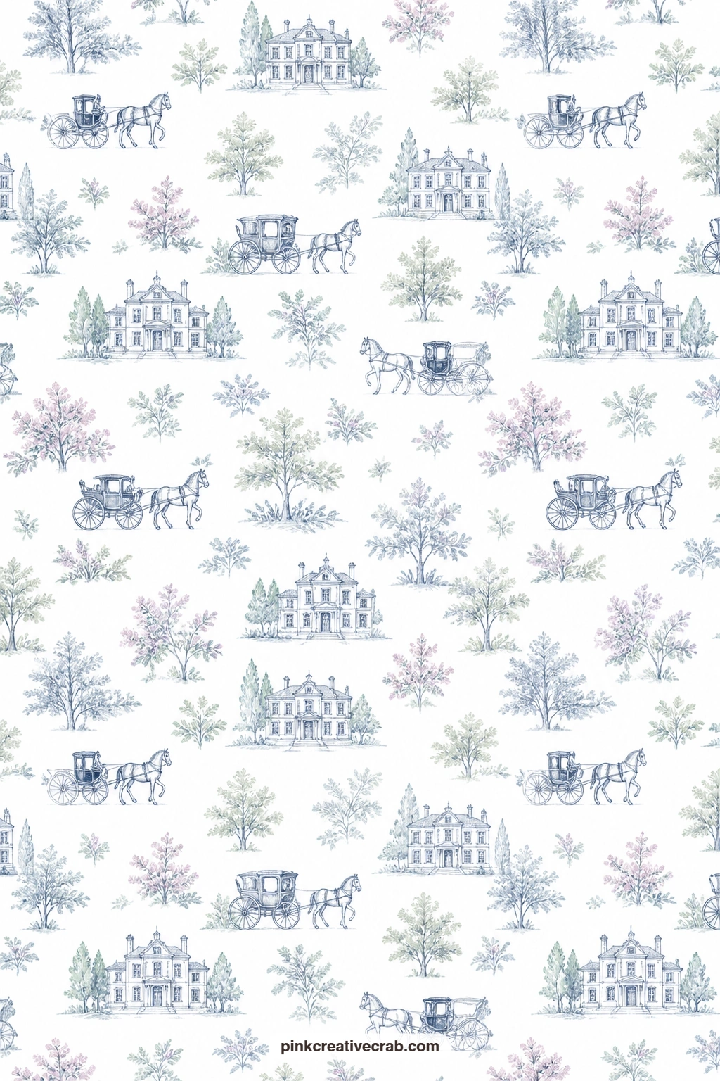 Carriage And Manor Toile Paper printable page — Horse carriages rolling past country manors make a classic toile base for a journal page under a travel photo