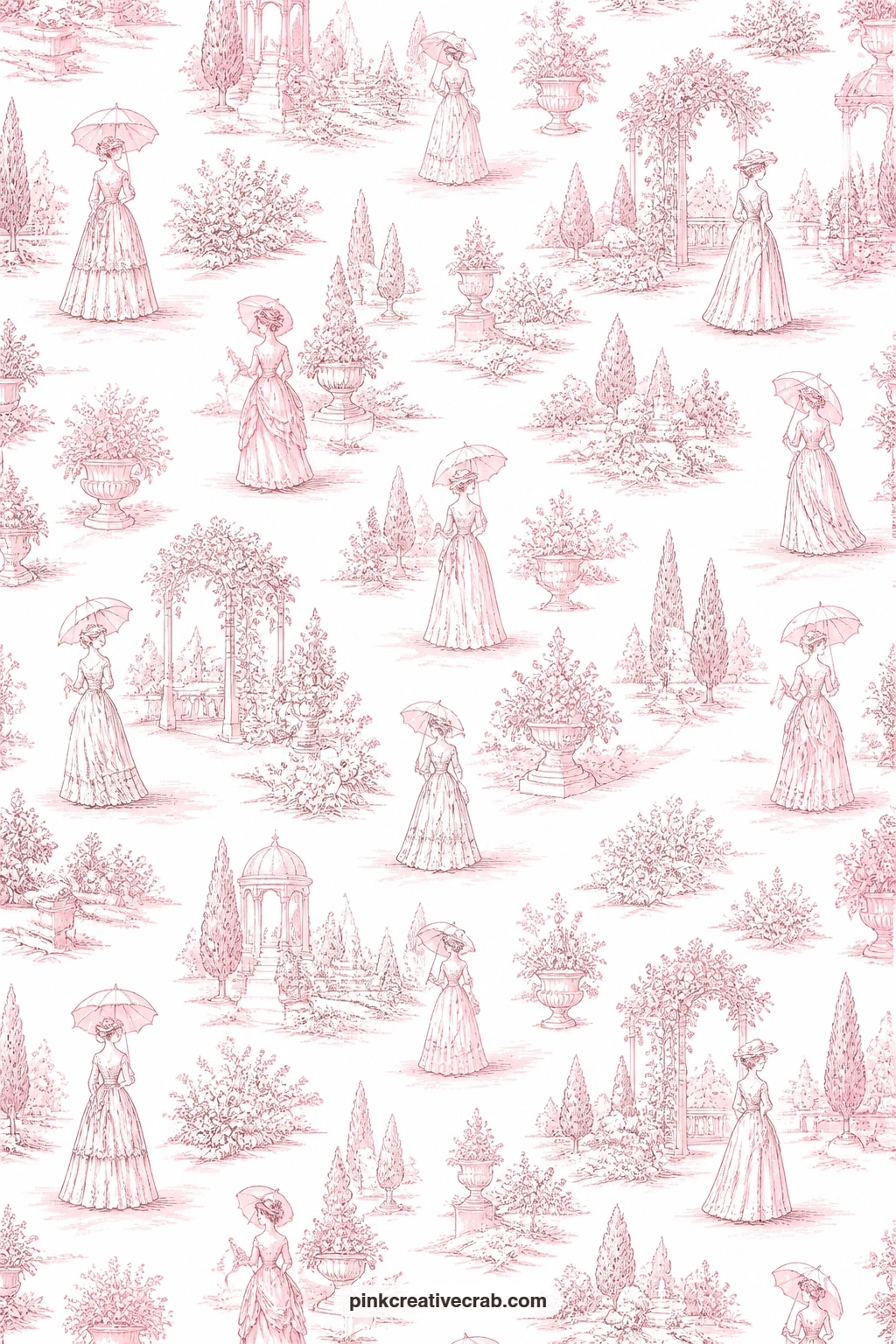 Pink Parasol Garden Toile Paper printable page — Ladies strolling with parasols through a formal garden give a card mat a storybook feel behind a cameo sticker