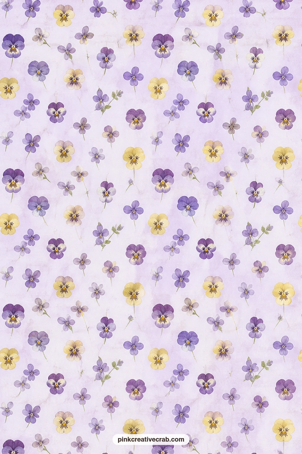 Pressed Pansy And Violet Paper printable page — Pansies and violets sit like pressed flowers across a lilac ground, good for lining a small envelope or pocket.