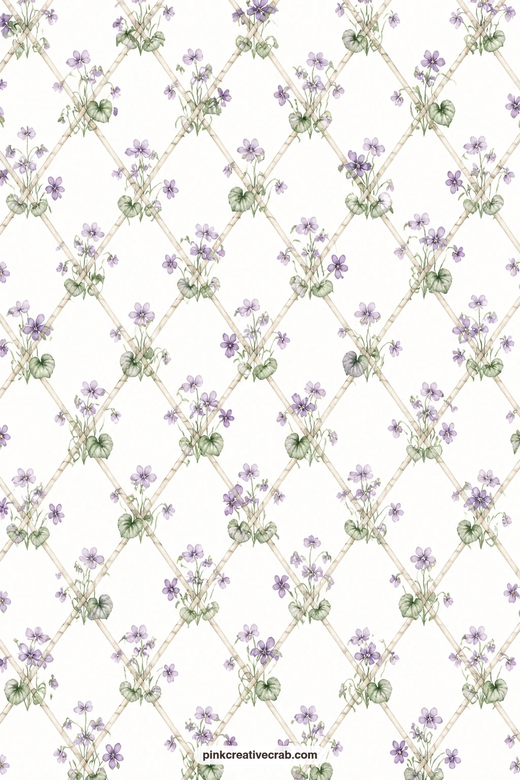 Violet Trellis Lattice Paper printable page — Violets climb a simple trellis lattice here, a calm choice for a card mat behind a small cut paper diorama.