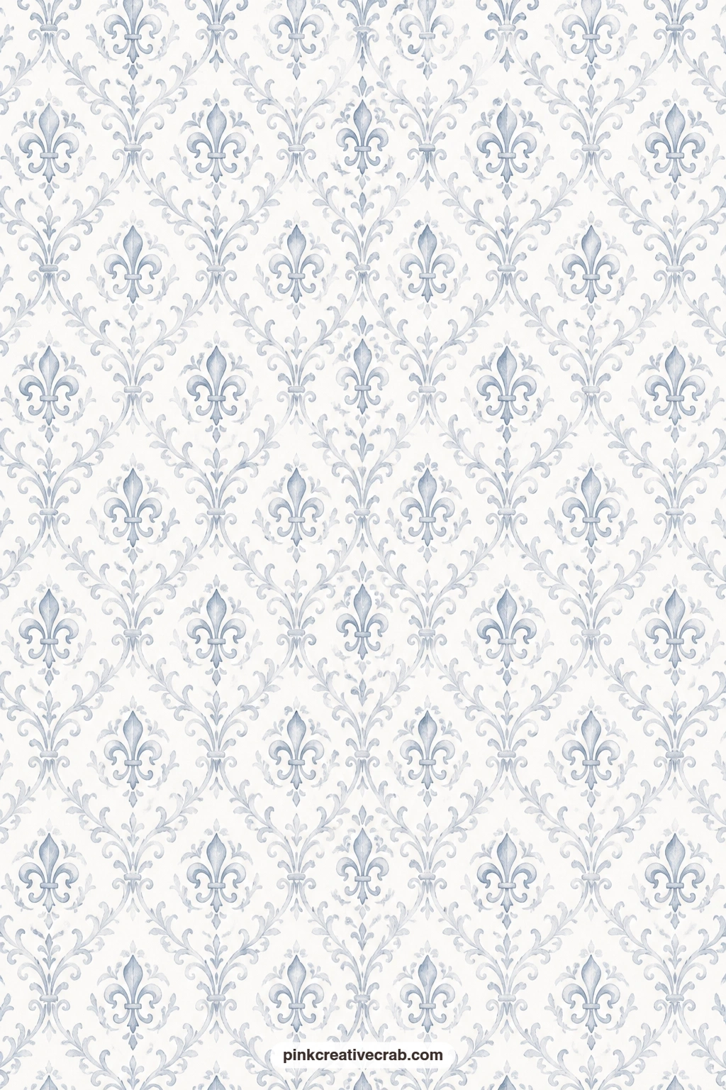 Fleur Damask Paper printable page — Small fleurs set into a gray-blue damask make a quiet card mat behind a cameo sticker or a line of script. Vintage