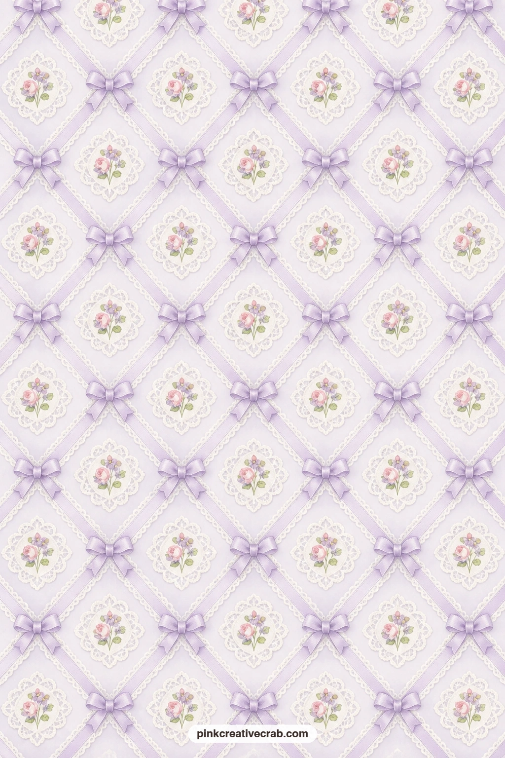Lace And Ribbon Lattice Paper printable page — Old lace and ribbon bows interlace across a lilac ground, a soft lining for a pocket page tucked with keepsakes.