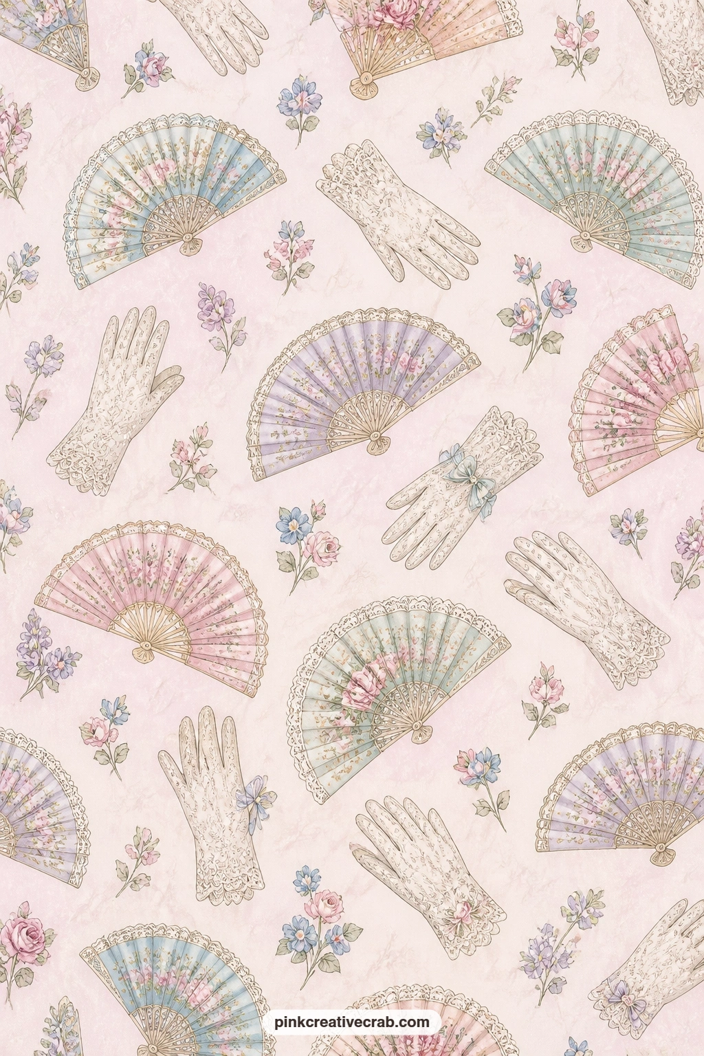 Fans And Lace Gloves Paper printable page — Victorian fans and lace gloves scatter across pale pink, a fitting card mat behind a small paper fan embellishment.