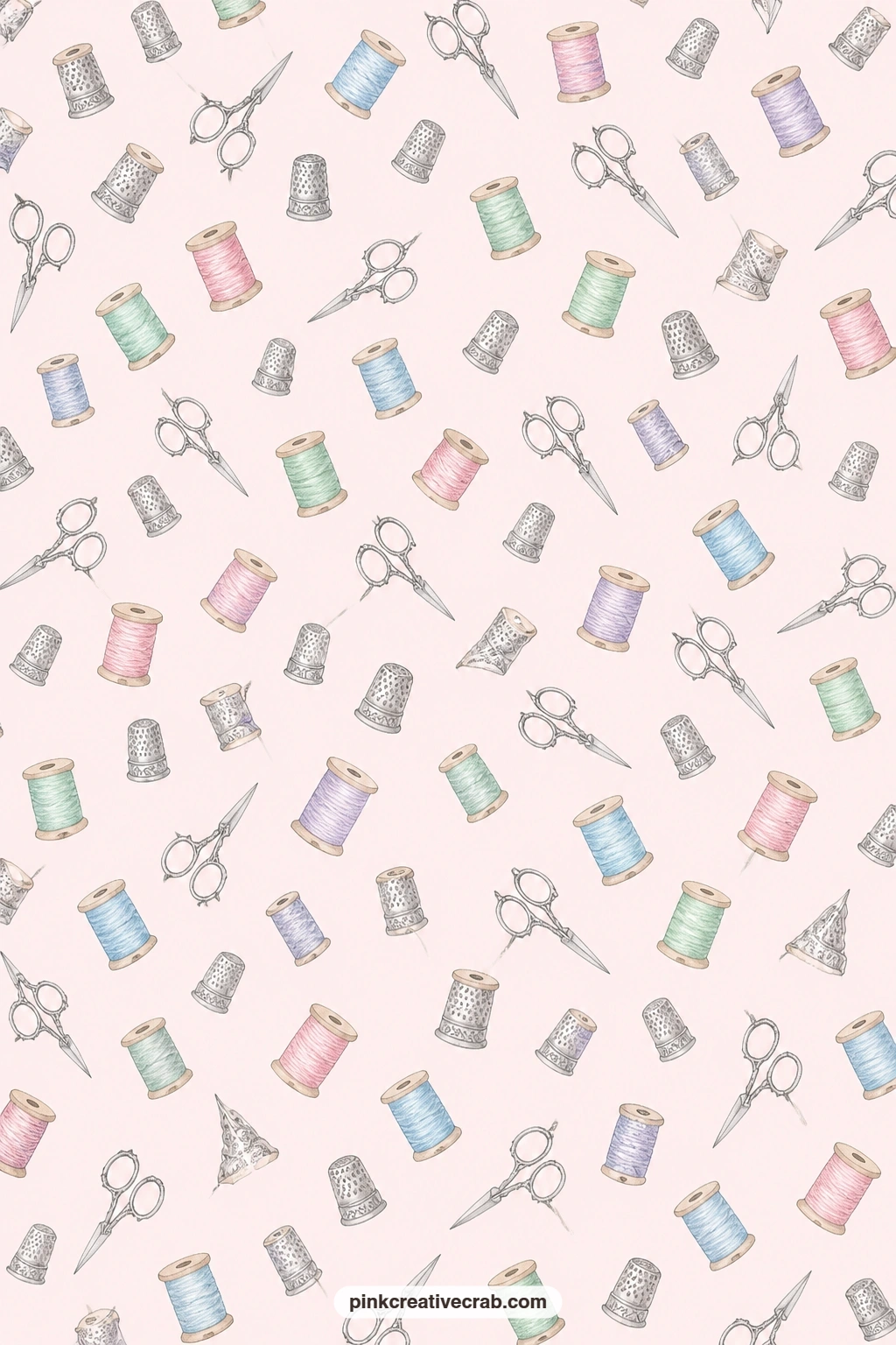 Sewing Notions Print Paper printable page — Silver thimbles, spools and scissors scatter over blush, a natural partner to the Doily Lace Repeat Paper for a