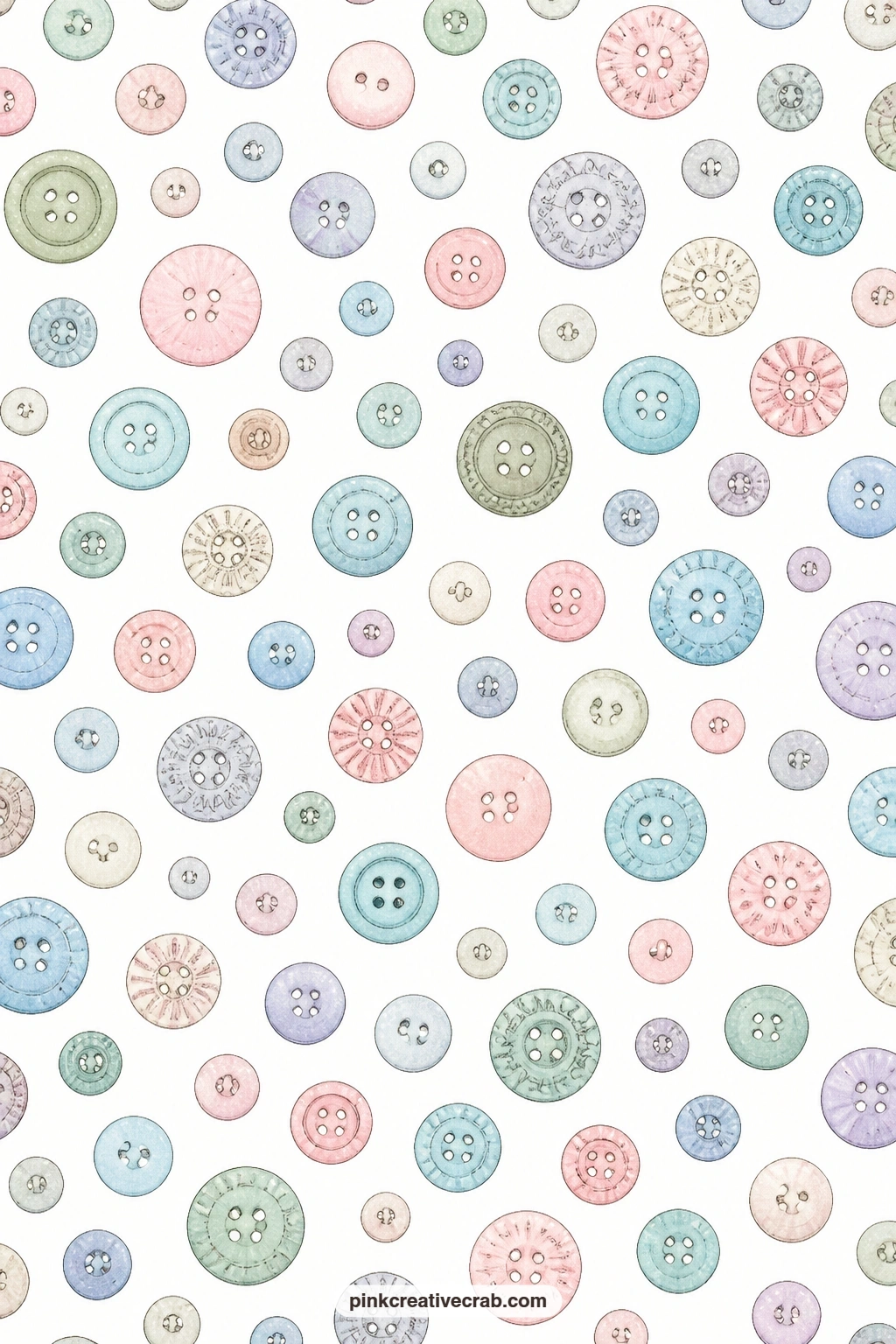Button Toss Paper printable page — Antique buttons in mixed pastels toss loosely across white, useful as a journal page base beneath a stitched embellishment.