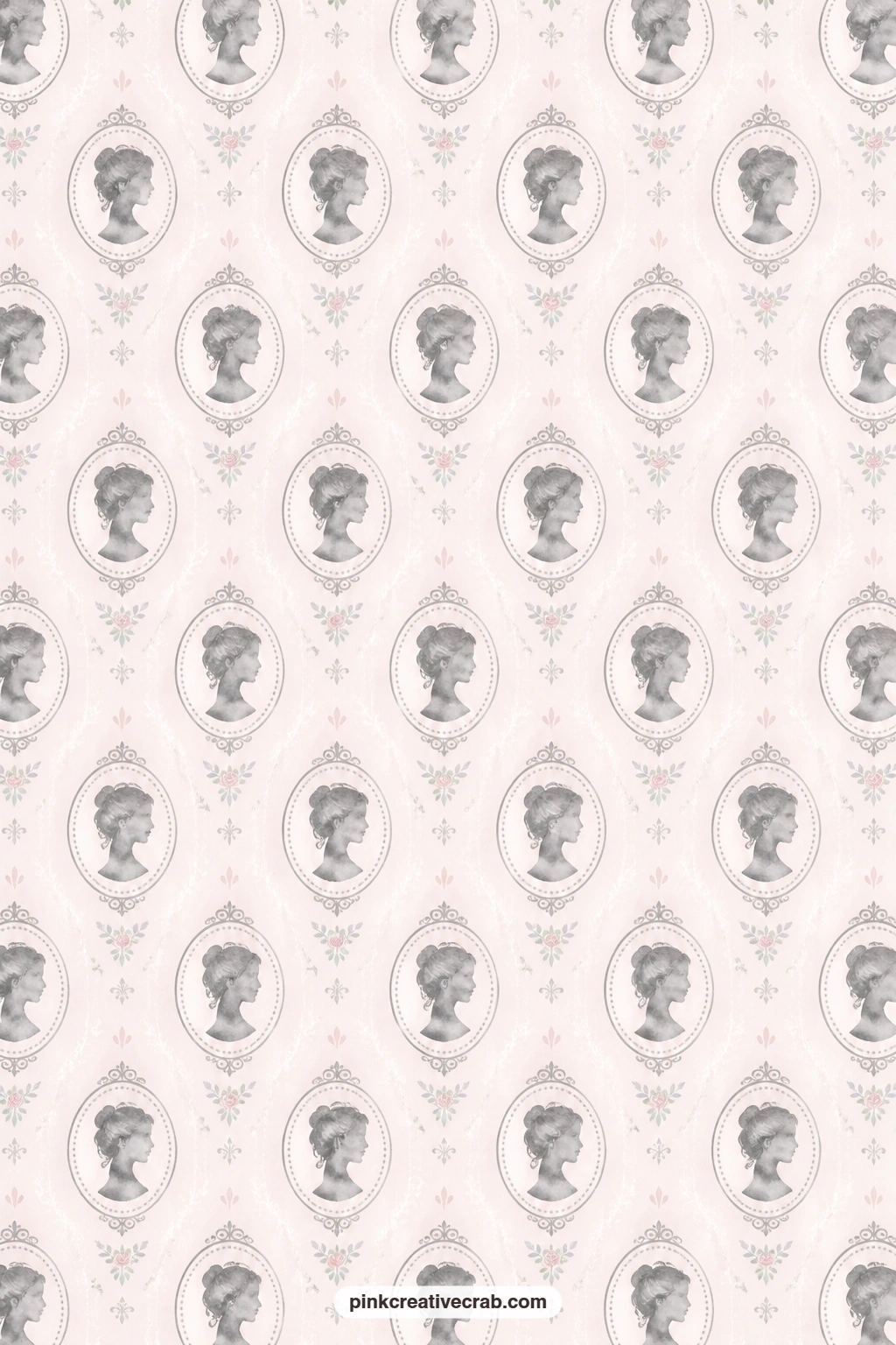 Cameo Silhouette Grid Paper printable page — Soft gray cameo silhouettes sit in oval frames arranged in a neat grid on blush, a tidy base for a portrait-style