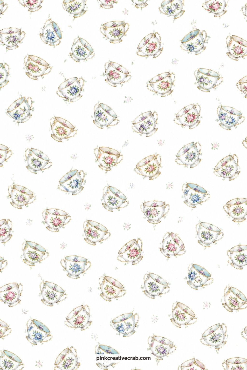 Gold Rimmed Teacup Toss Paper printable page — Gold rimmed teacups with roses toss across white, a charming lining for a small envelope tucked into a