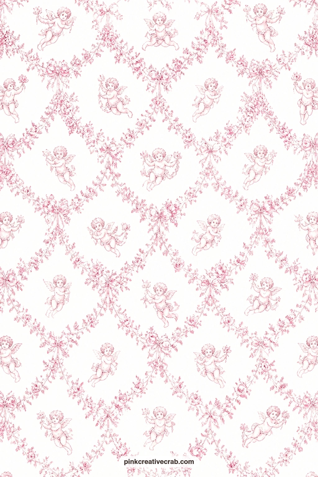 Cherub And Rose Garland Paper printable page — Cherubs and rose garlands drift across soft pink, a gentle card mat behind a locket sticker or a paper cameo.