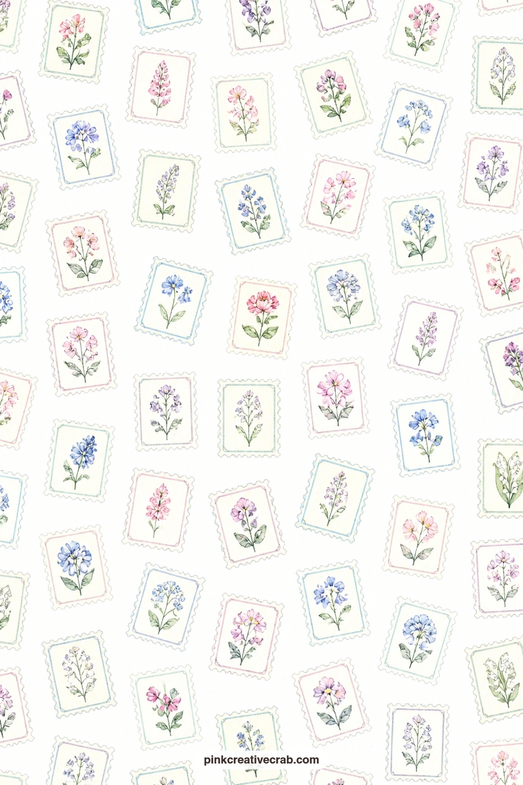 Postage Stamp Floral Paper printable page — Blank postage stamp shapes carry tiny flower pictures tossed on white, a fun base for a journal page about old