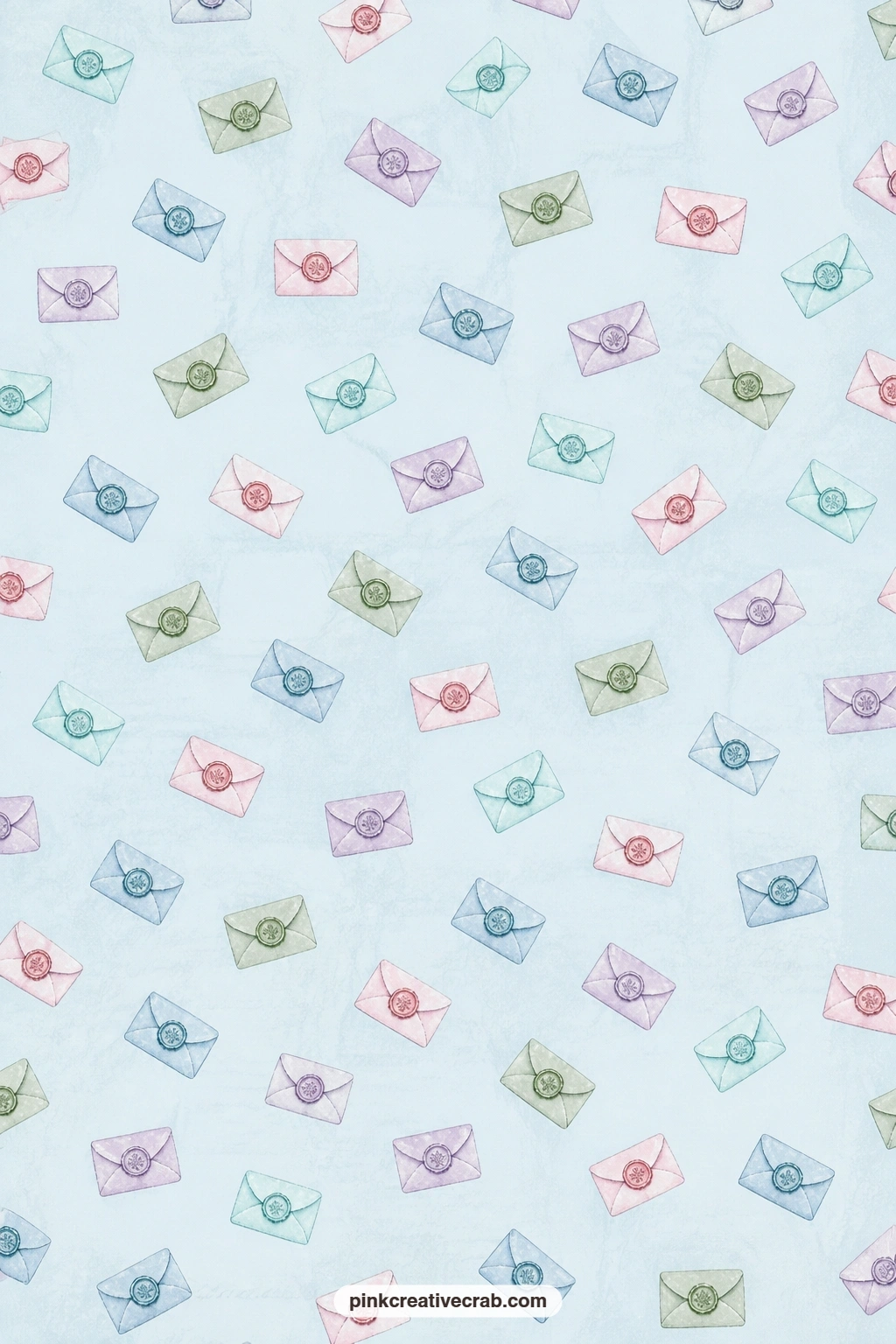 Envelope And Wax Seal Paper printable page — Envelopes with wax seals scatter across pale blue, a fitting pocket lining for tucking in real folded notes.