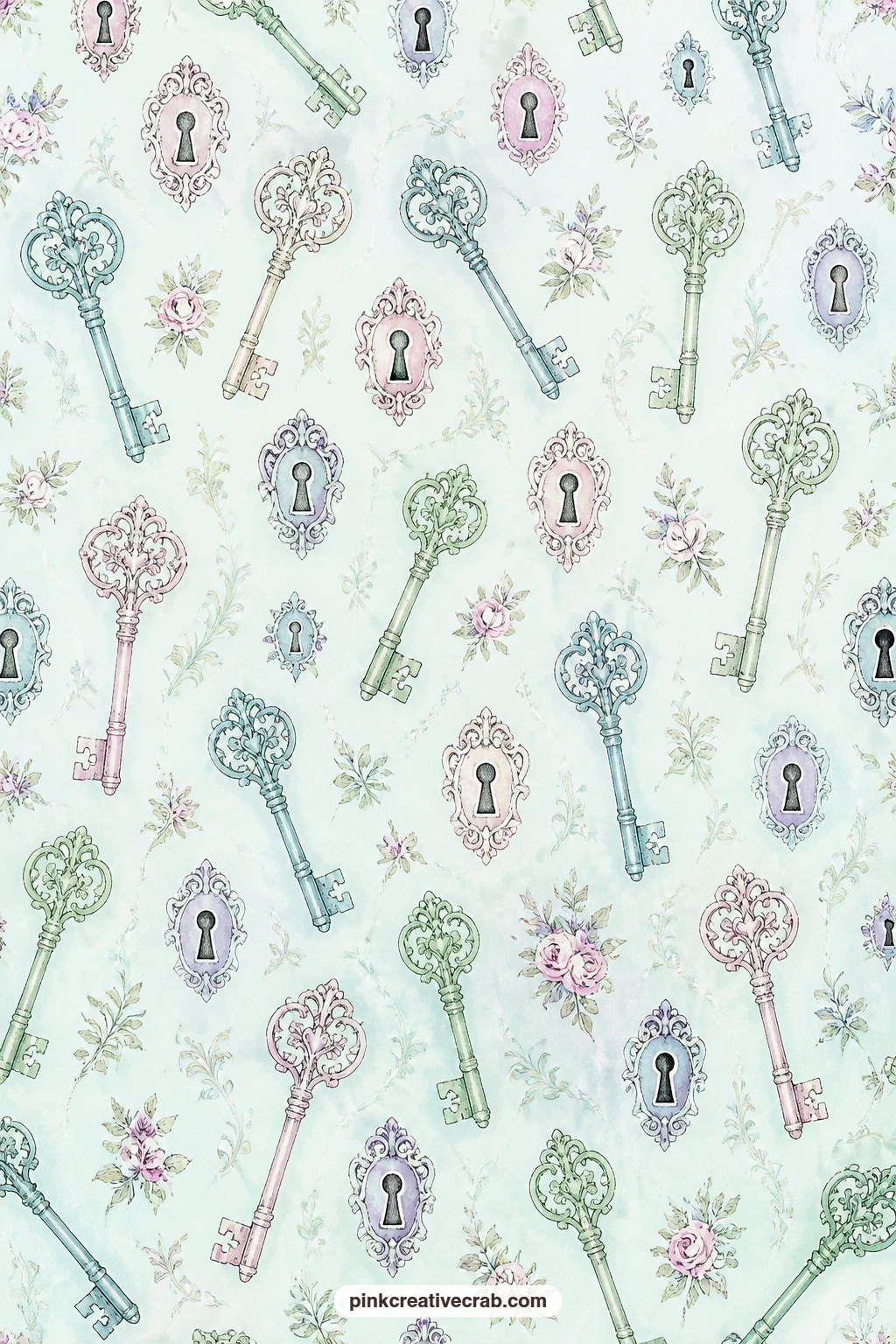 Victorian Key And Keyhole Paper printable page — Victorian keys and keyholes scatter across pale aqua, good for a journal page that keeps a secret or a locked