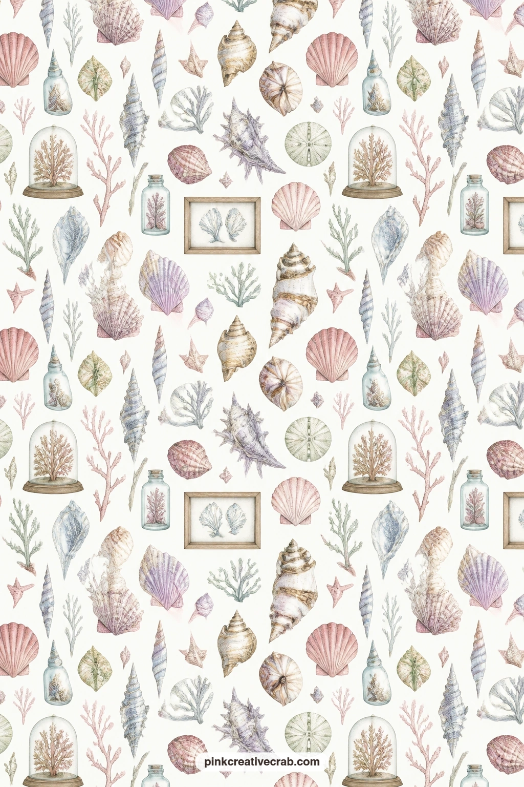Seashell And Coral Curiosity Paper printable page — Seashells and coral arrange like a cabinet of curiosities on white, a seaside note tucked among the softer