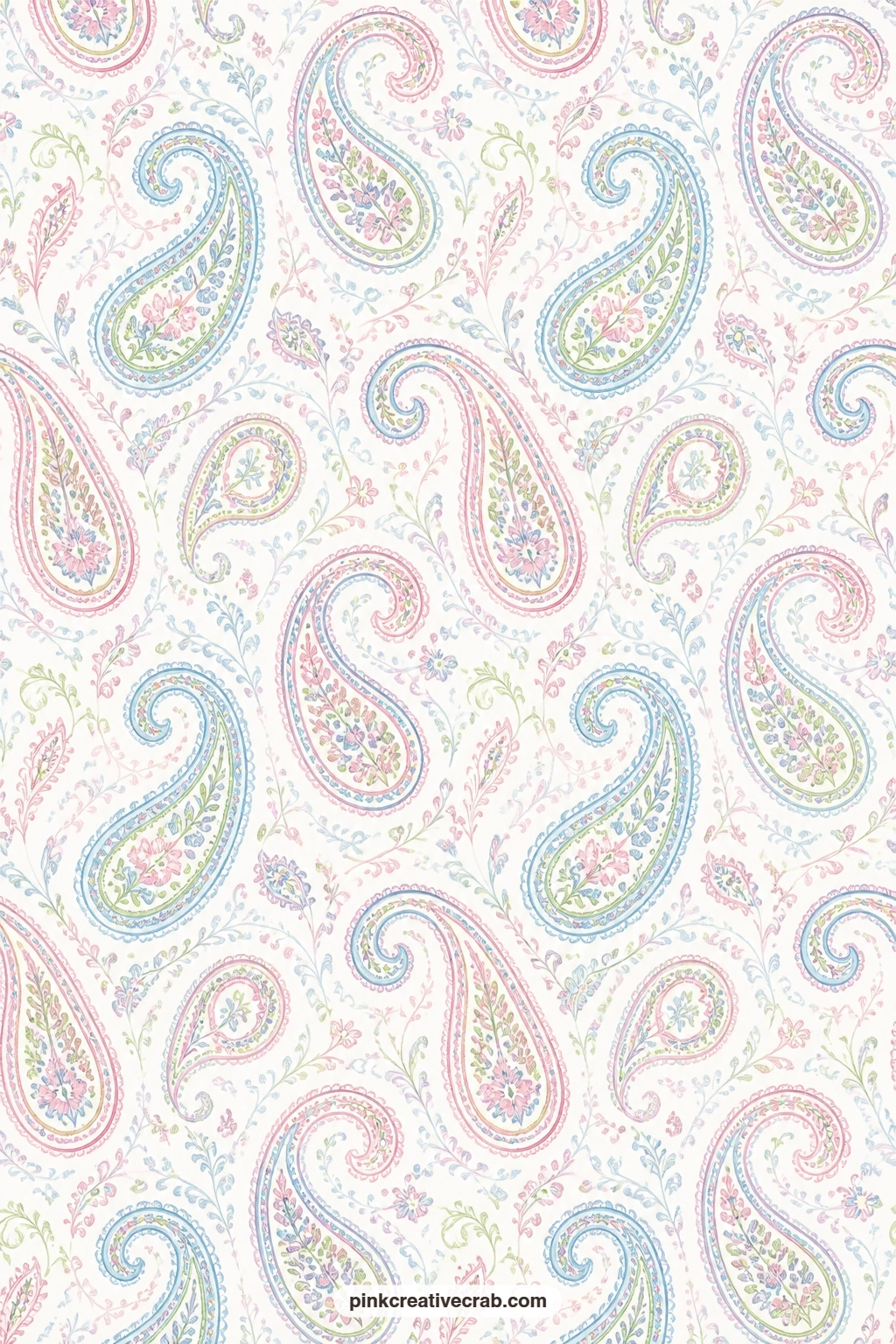 Pastel Paisley Paper printable page — A pastel paisley in pink, green and blue rounds out the geometric sheets, pairing well with the ticking stripe paper on a