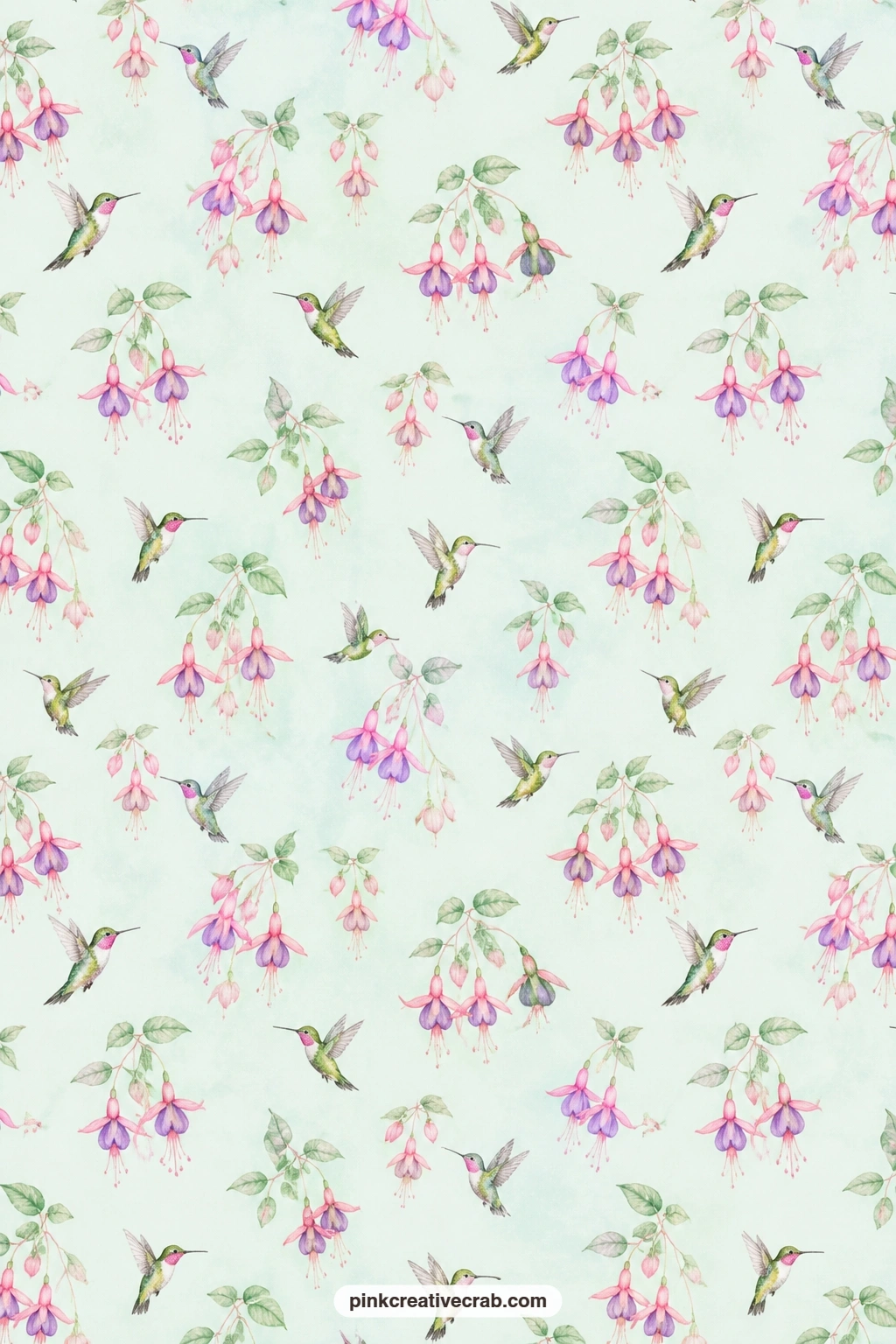 Hummingbird And Fuchsia Paper printable page — Hummingbirds dart among fuchsia blossoms on pale mint, a lively base for a journal page under a nature photo.