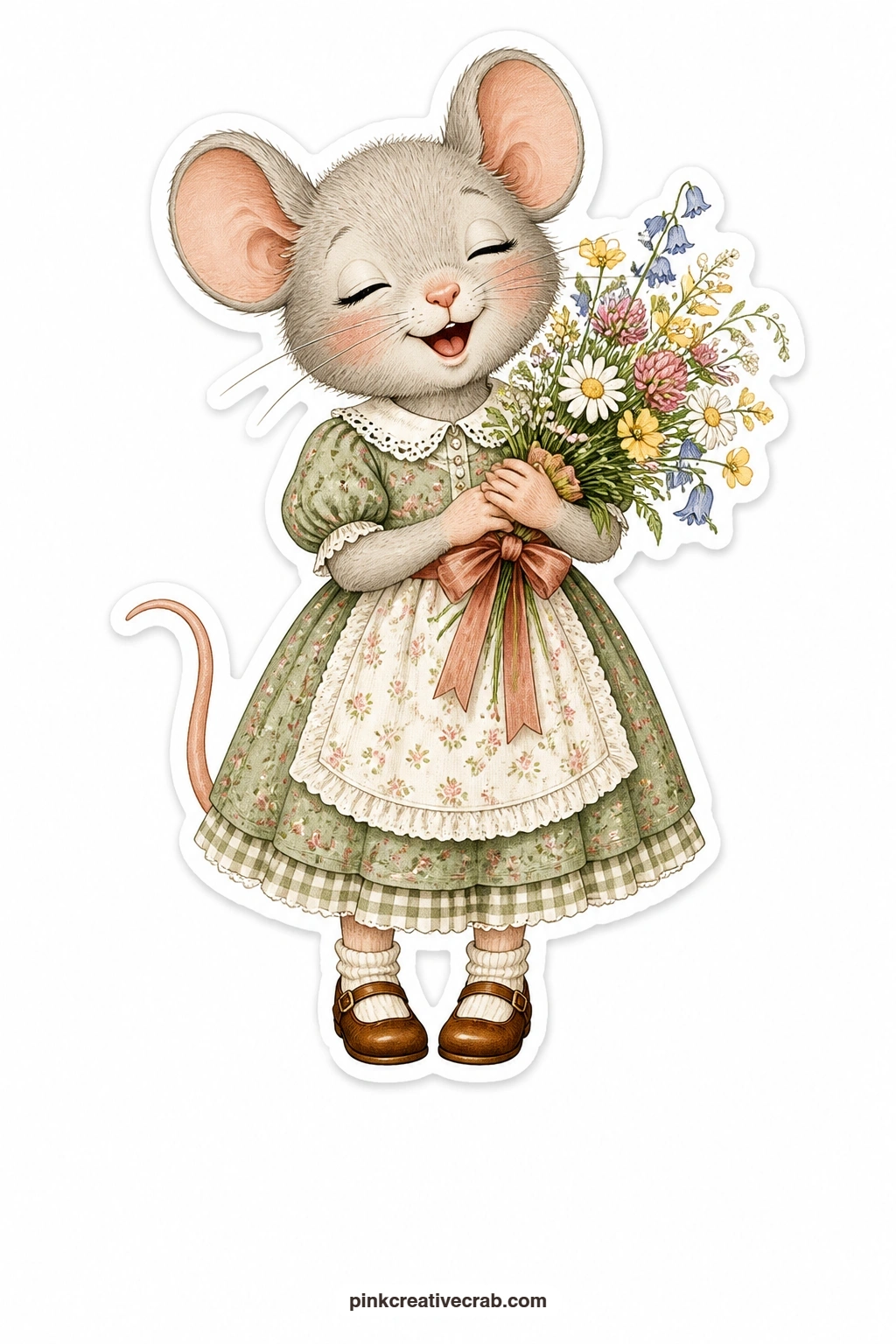 The Wildflower Mouse printable page — Soft and a little far away in her thoughts, this mouse wears a lace collar dress and carries a loose bunch of wildflowers