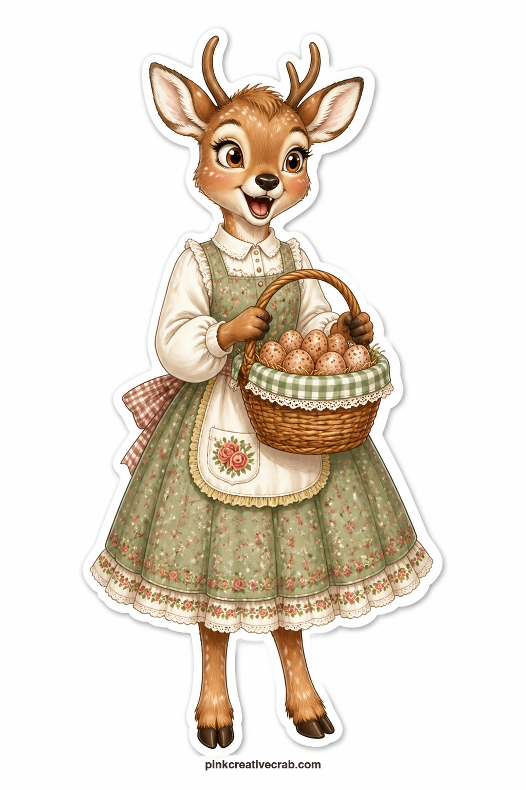 The Egg Basket Deer printable page — Calm and upright in a linen pinafore over a simple blouse, this deer carries a woven basket of brown eggs, perfect for a
