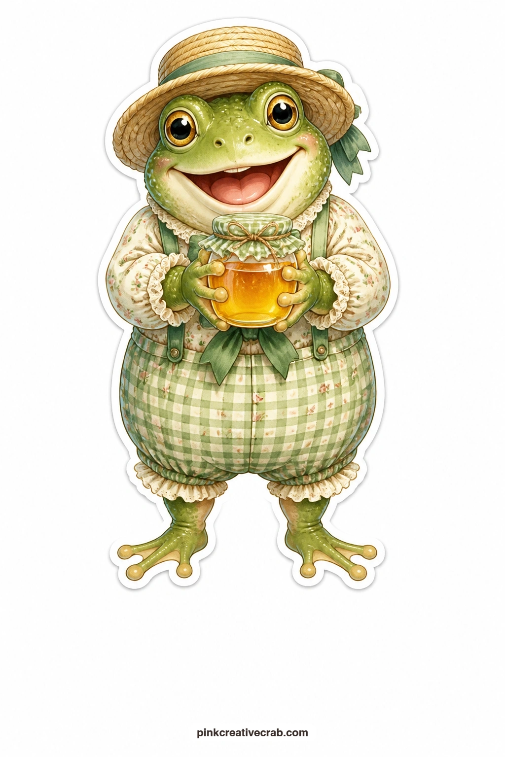 The Honey Jar Frog printable page — Delighted with himself and his find, this frog wears a wide straw hat and holds up a jar of honey like a small prize. Paper