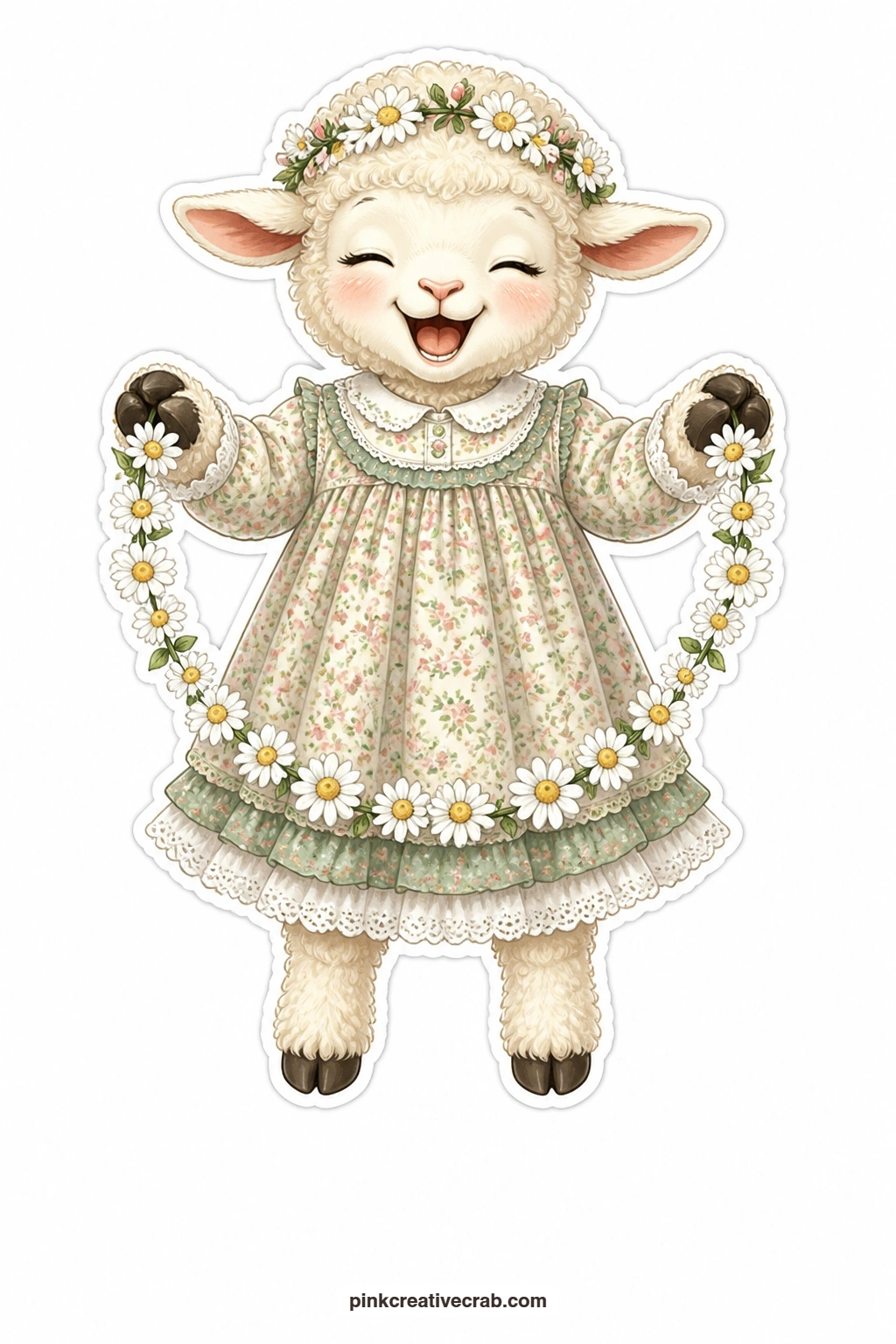 The Daisy Chain Lamb printable page — Giggling with her eyes nearly shut, this lamb wears a floral smock and holds a daisy chain draped between both front