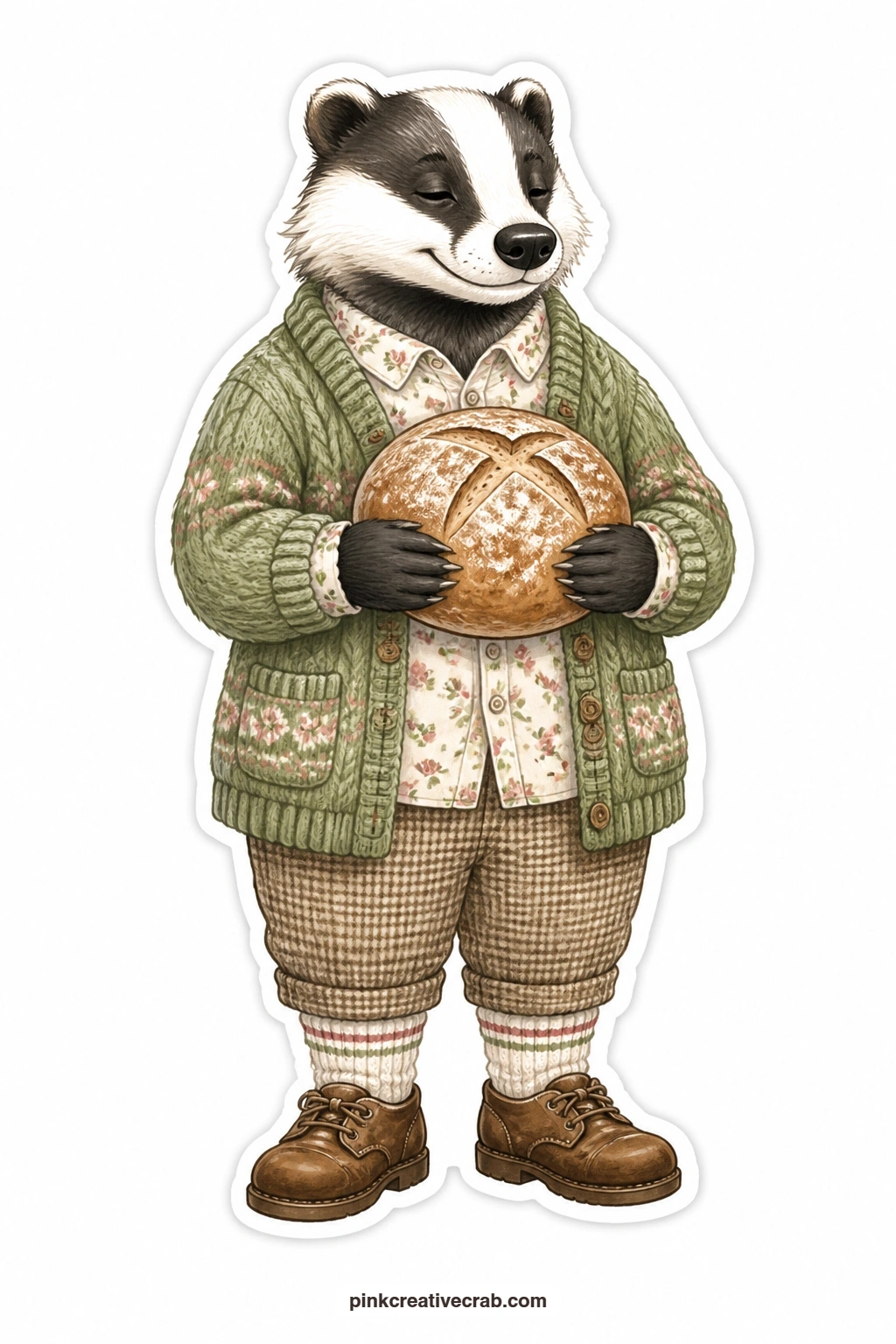 The Bread Loaf Badger printable page — Cosy and settled in a knitted cardigan, this badger holds a round loaf of bread fresh from the oven, warm and a little