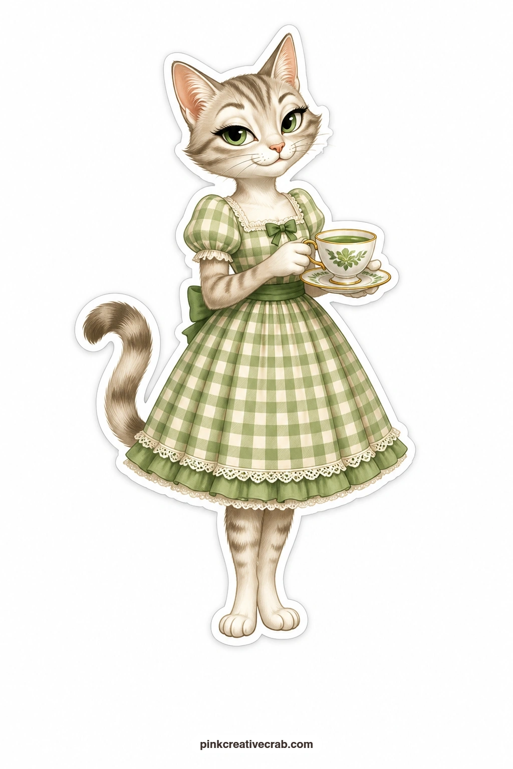 The Mint Tea Cat printable page — Sassy and sure of herself, this cat wears a gingham dress and holds a teacup of mint tea with one paw on her hip, a good