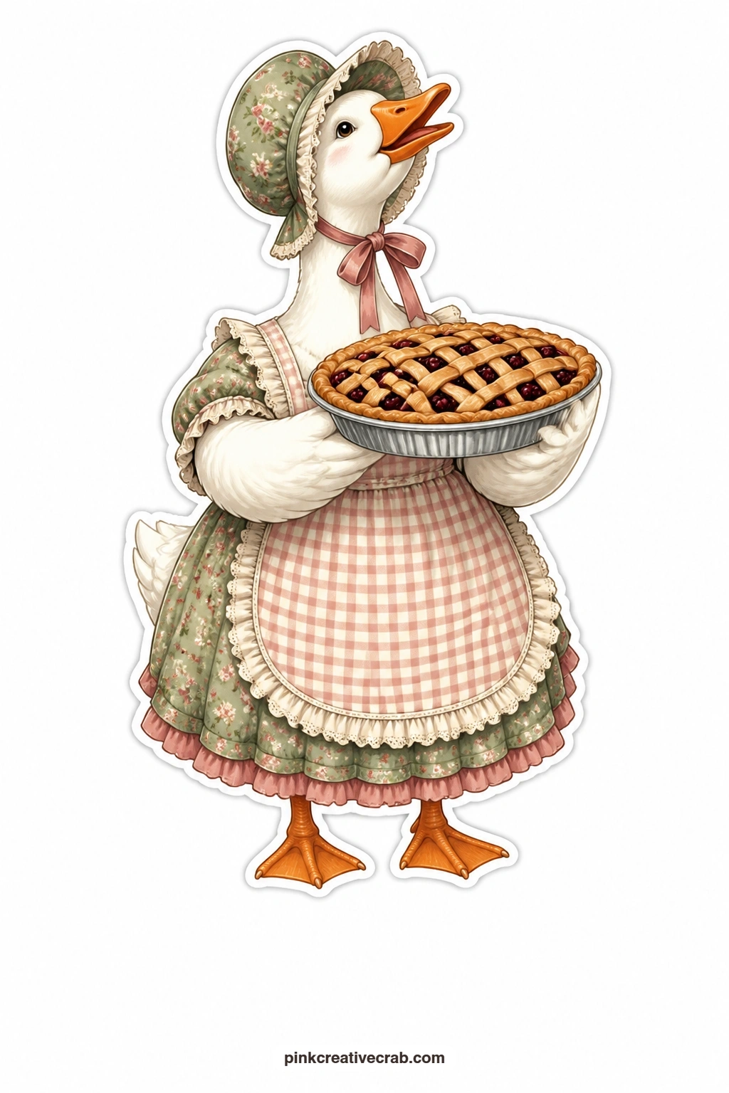 The Berry Pie Goose printable page — Proud of her baking, this goose wears a bonnet tied under her beak and carries a berry pie out in front of her like a