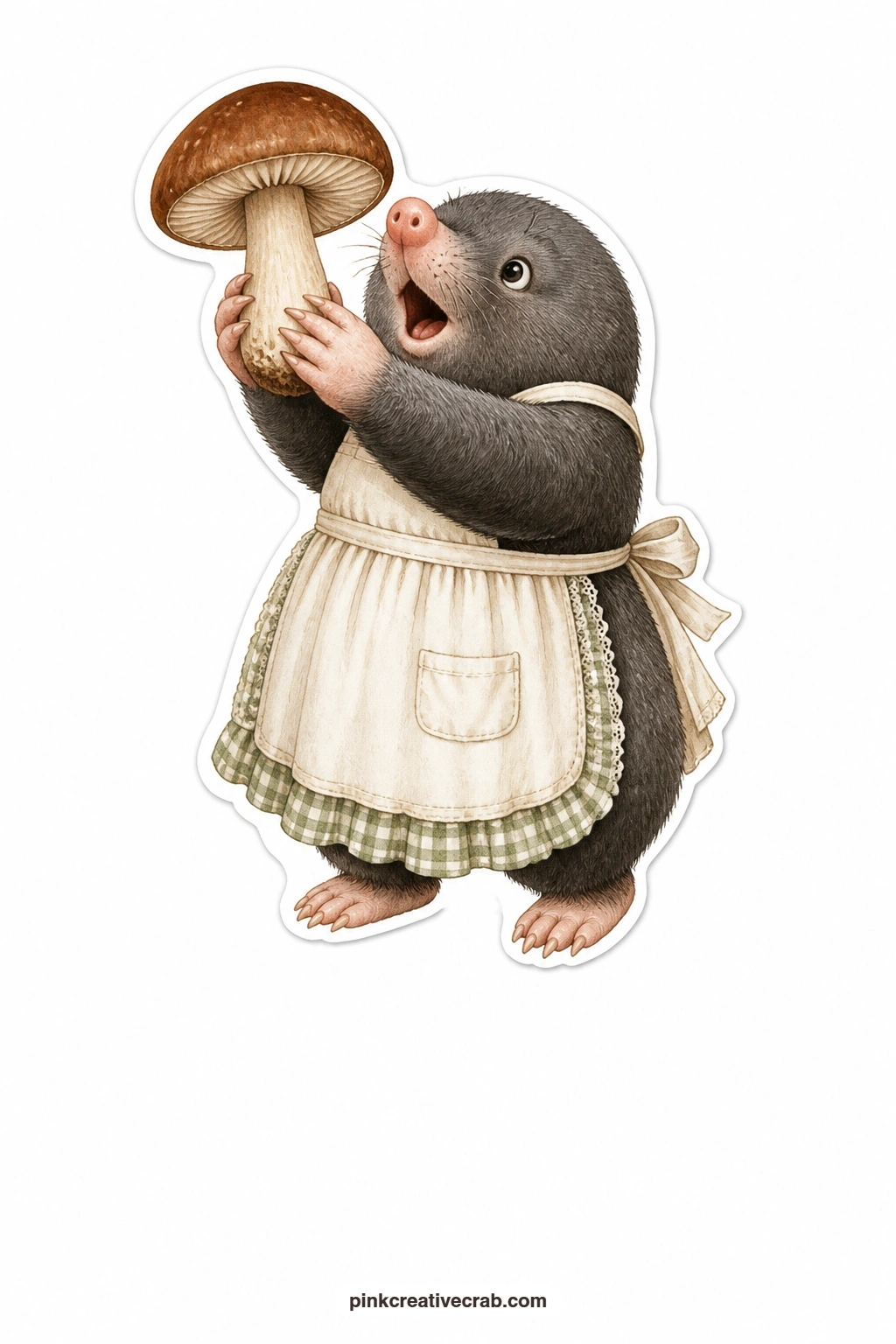 The Mushroom Mole printable page — Wide-eyed and amazed, this mole wears a cottage apron and holds up a mushroom nearly as big as his own head, a funny