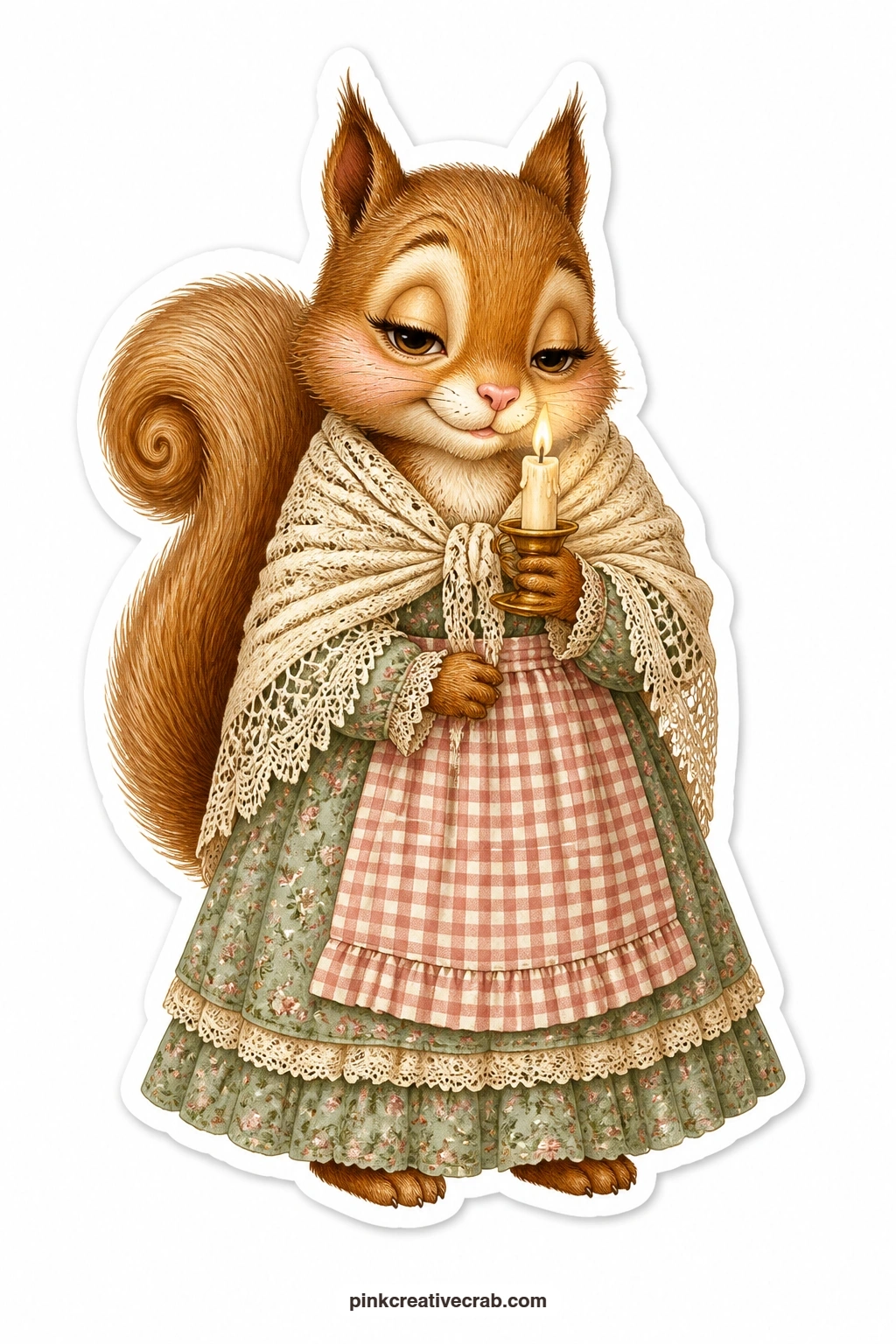 The Candle Squirrel printable page — Sleepy-eyed and slow-moving, this squirrel wraps a lace shawl around her shoulders and carries a lit candle in one paw