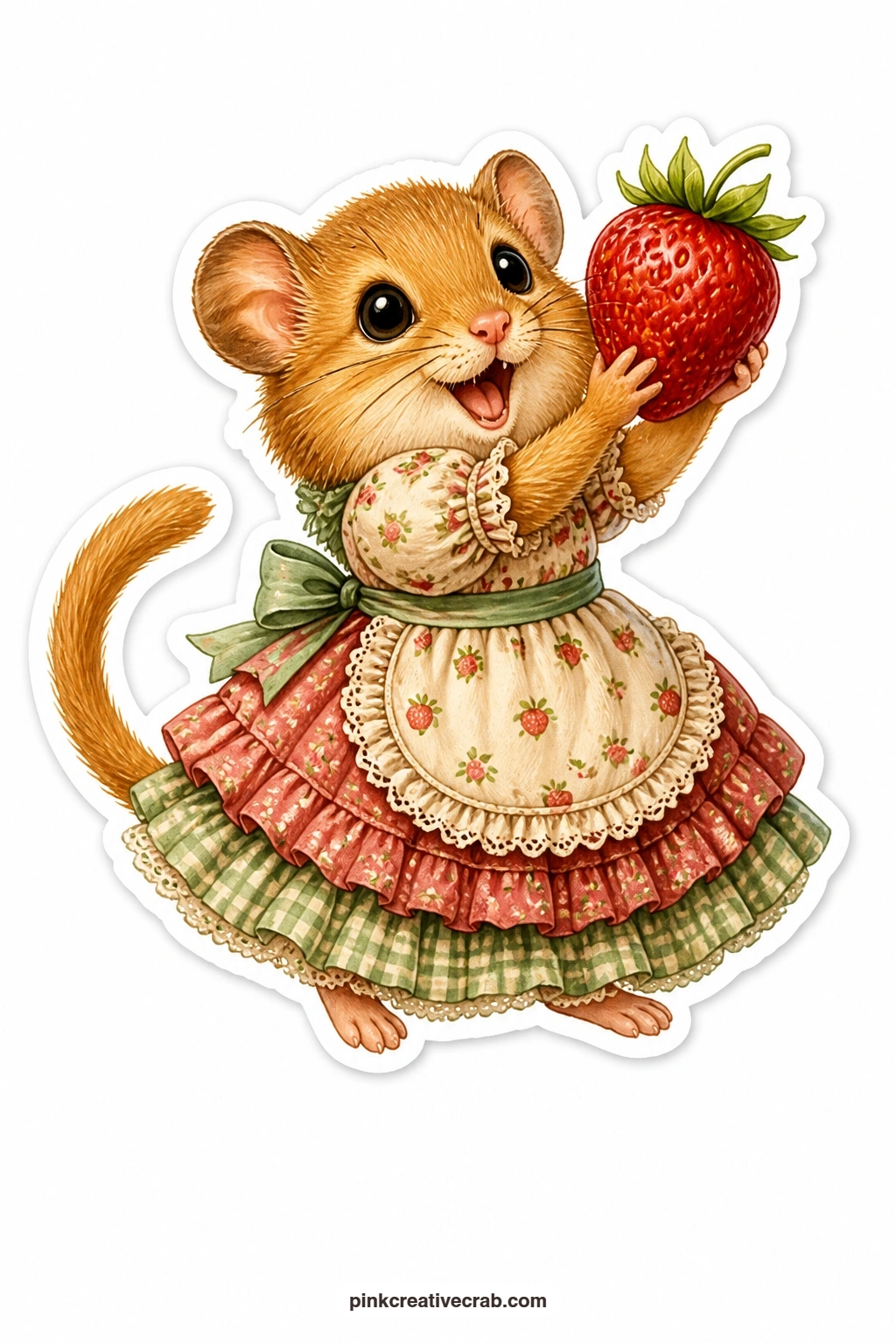 The Strawberry Dormouse printable page — Thrilled and wide awake for once, this dormouse wears a ruffled dress and holds up a single strawberry twice the size