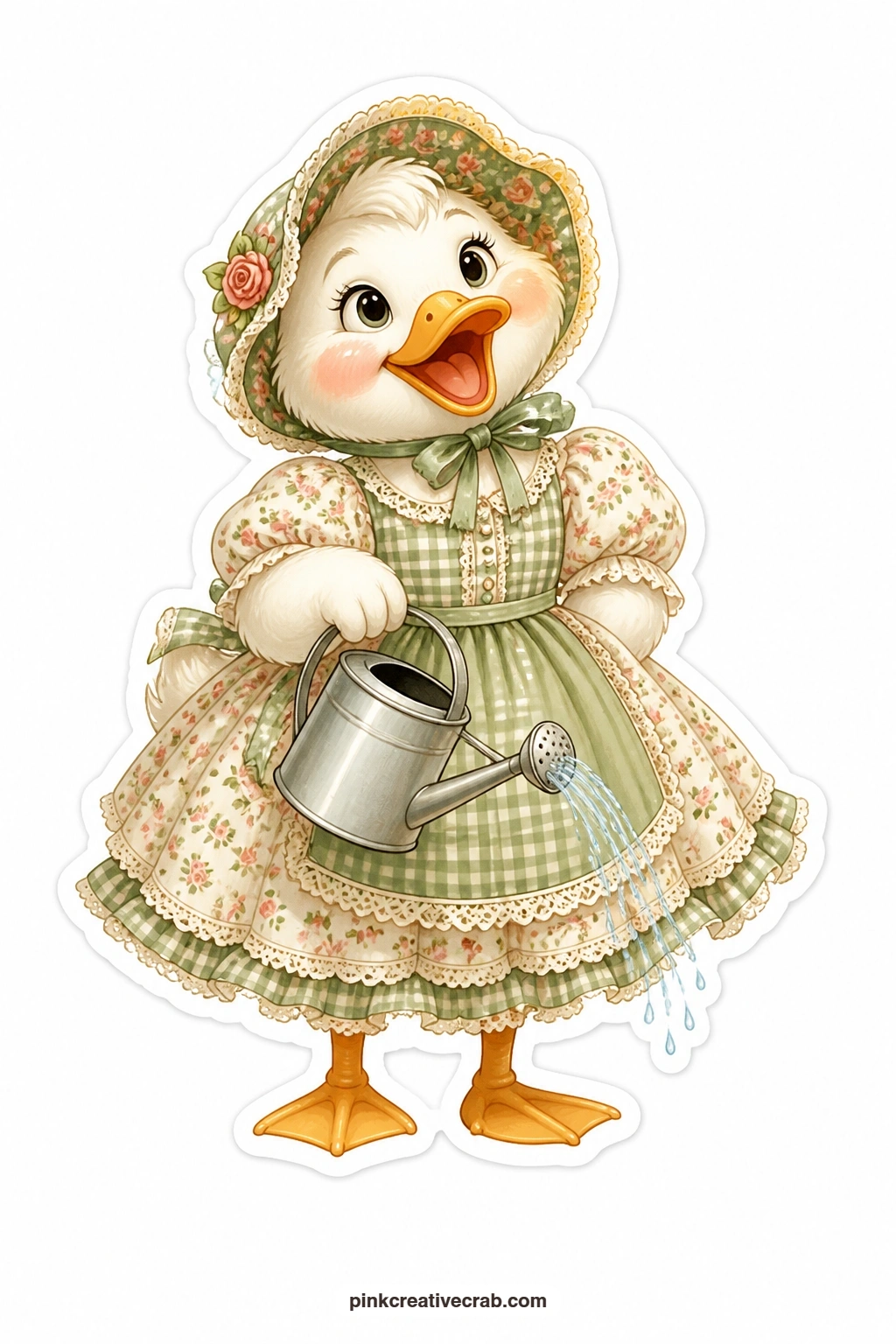The Watering Can Duck printable page — Caught mid-laugh with her beak wide open, this duck wears a puff sleeve dress and tips a small watering can just