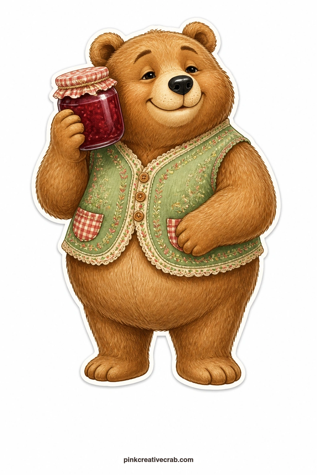 The Jam Jar Bear printable page — Content and unhurried, this bear wears an embroidered vest and holds a jar of jam up toward the light, a natural fit for a