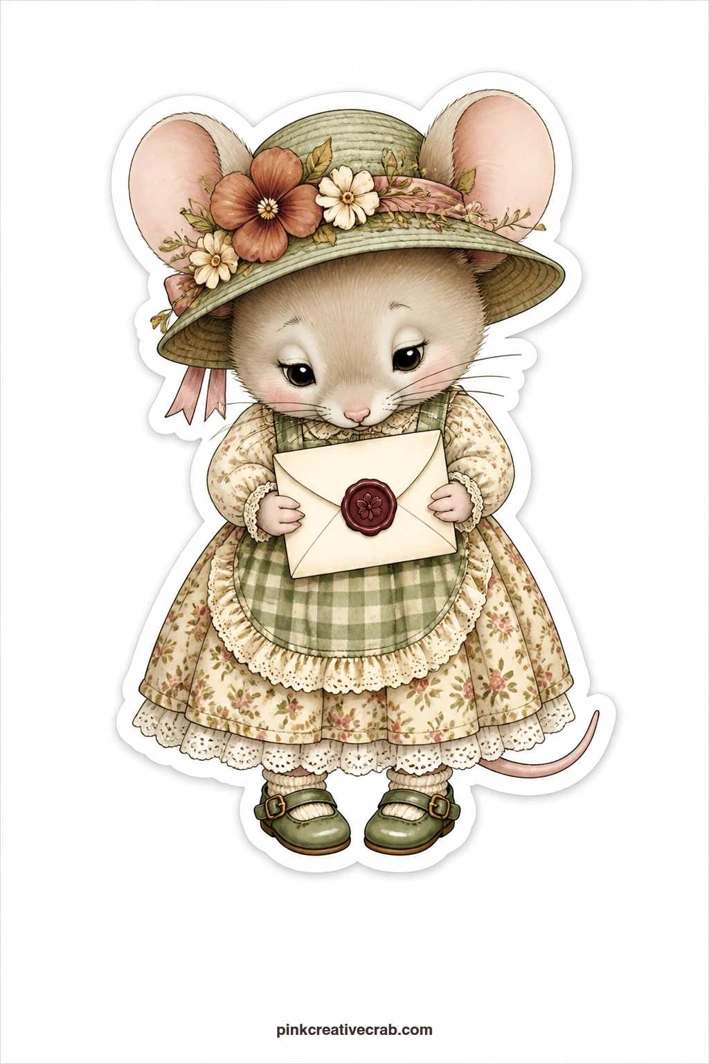 The Wax Seal Mouse printable page — Shy and a little pink in the cheeks, this mouse wears a hat trimmed with pressed flowers and holds a folded letter closed