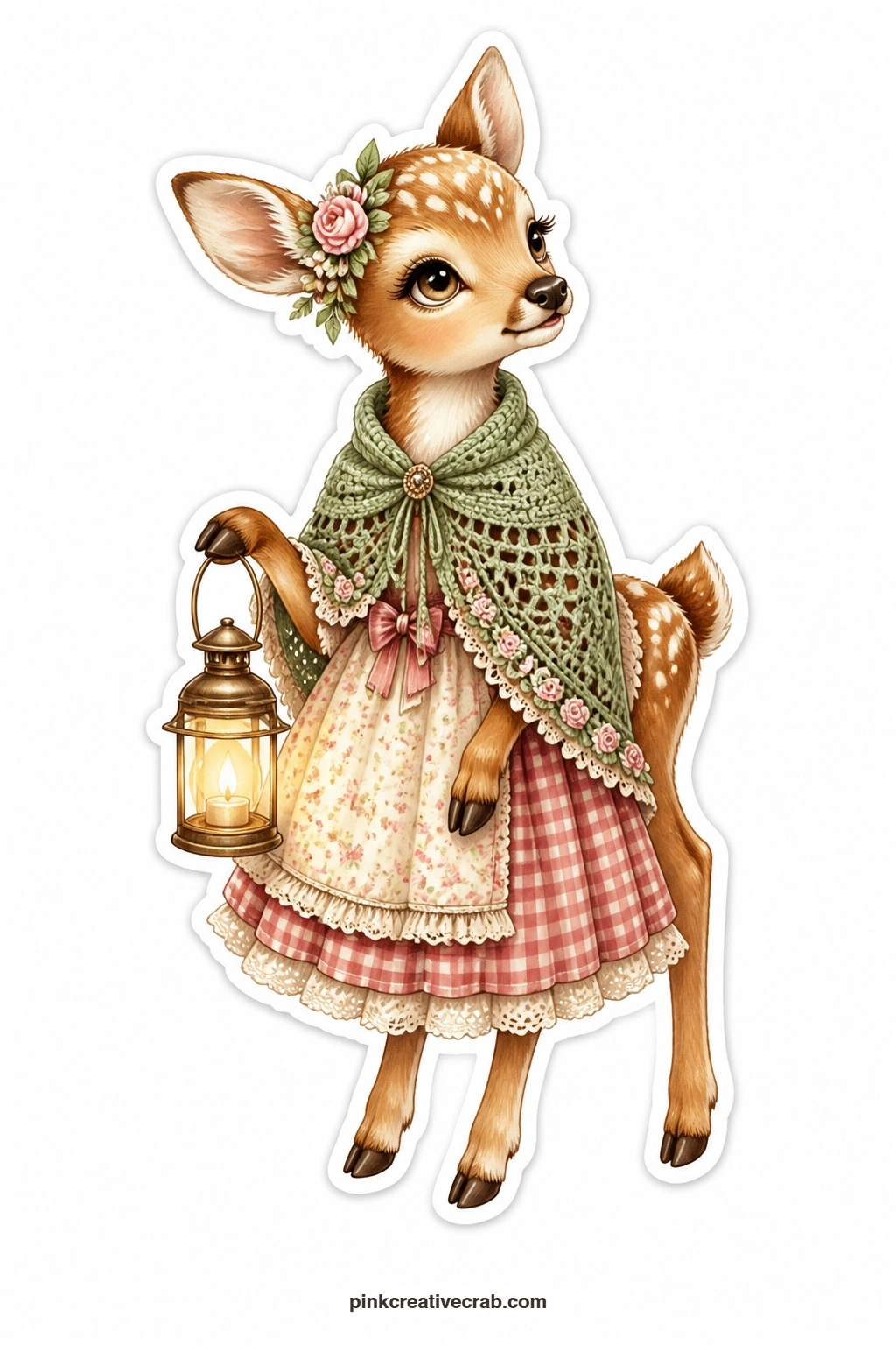 The Lantern Fawn printable page — Dreamy and unhurried under a crochet shawl, this fawn carries a small lantern in one hoof, its soft glow suggested with a