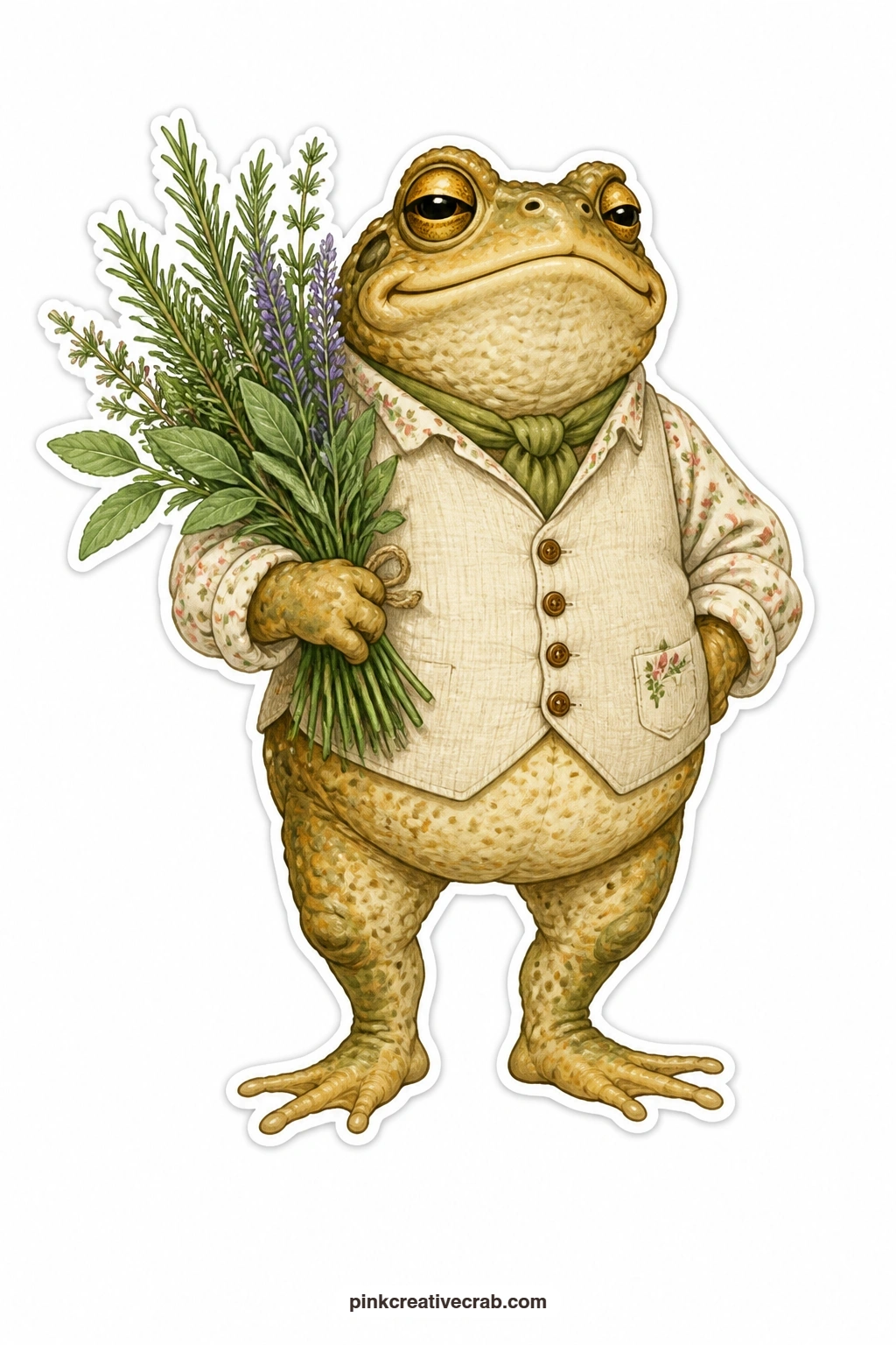 The Herb Bouquet Toad printable page — Smug and pleased with his own cleverness, this toad wears a linen waistcoat and holds a tied bouquet of garden herbs