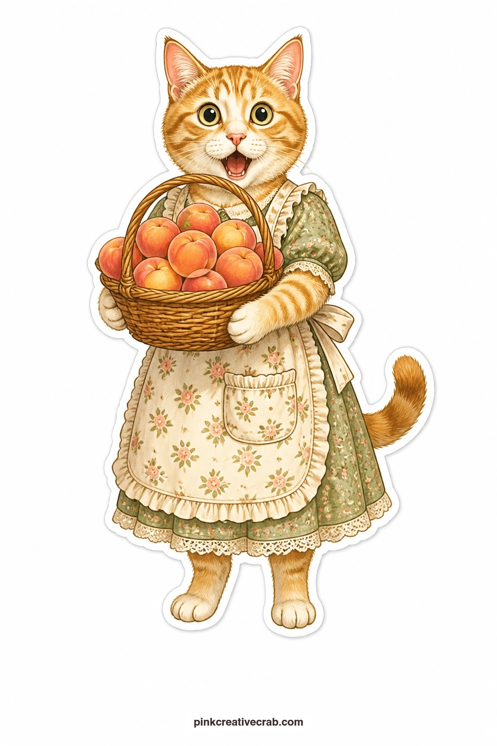 The Peach Basket Cat printable page — Caught off guard with her eyes wide and ears up, this cat wears a floral apron and holds a basket of peaches that has