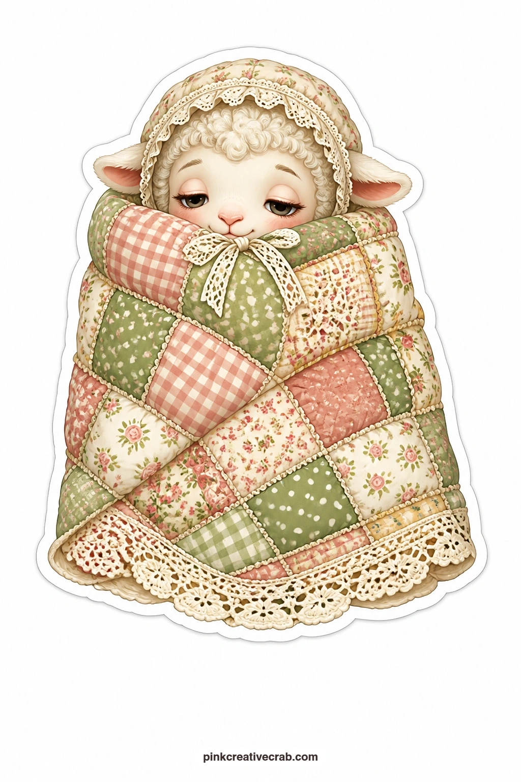 The Patchwork Quilt Lamb printable page — Eyes half shut and completely content, this lamb wears a lace cap and sits wrapped snugly in a patchwork quilt pulled
