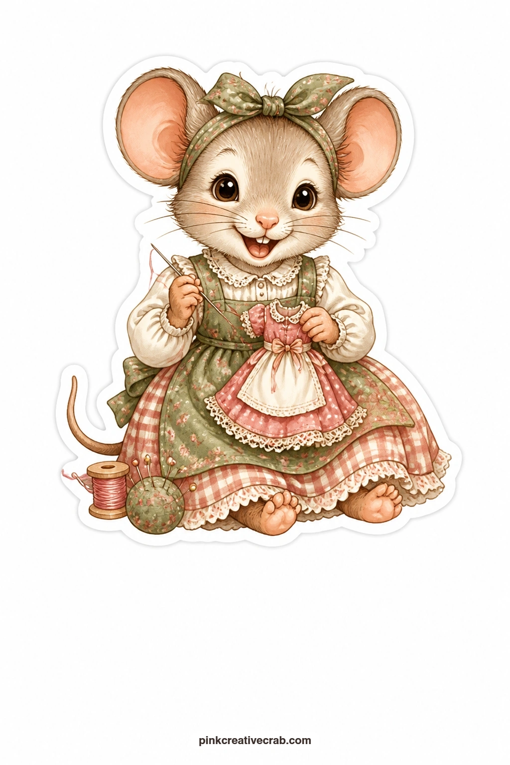 The Tiny Dress Mouse printable page — Giggling over her work, this mouse wears a plain pinafore and sits with a needle in one paw, sewing a tiny dress far