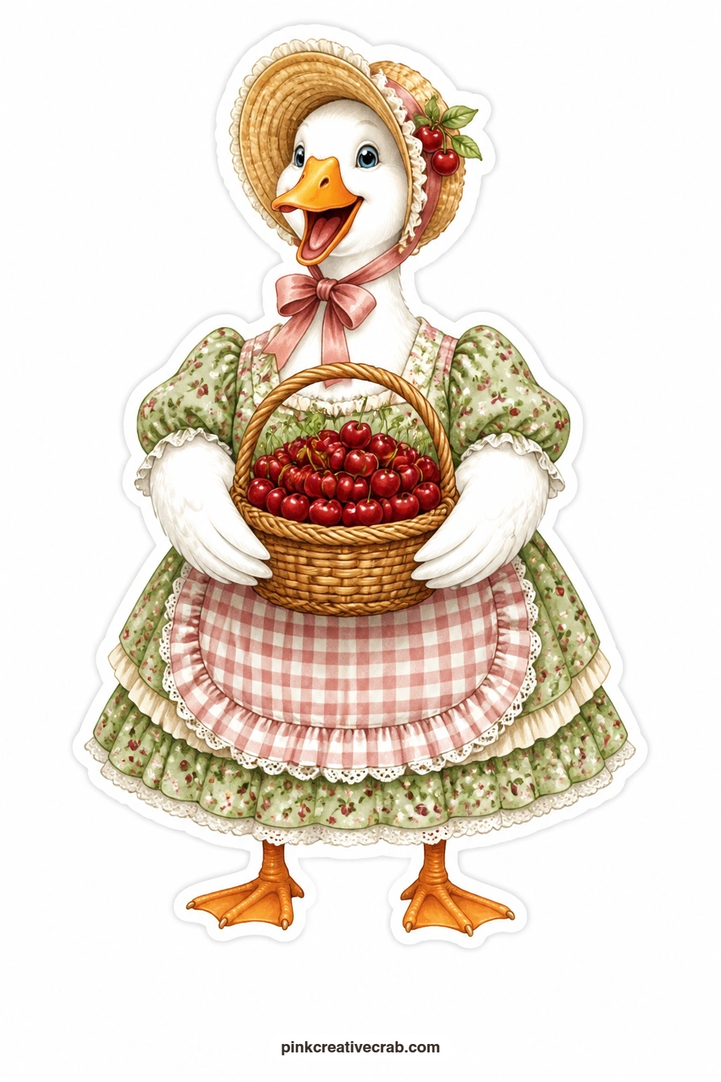 The Cherry Basket Goose printable page — Delighted and a little breathless, this goose wears a straw bonnet and carries a basket piled high with cherries